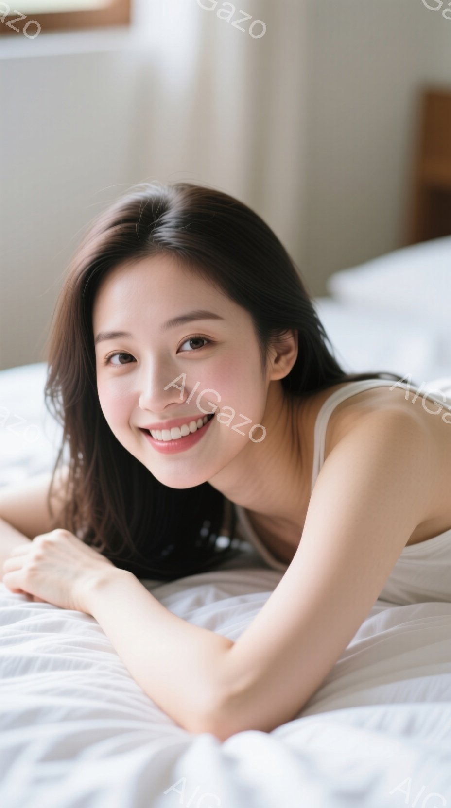 長い黒髪の女性が白いベッドの上で横たわっており、穏やかな笑顔を浮かべている。白いキャミソールを着ており、リラックスしたポーズで肘をついてカメラを見つめている。背景はぼやけており、明るい室内であることが - AI生成フリー素材