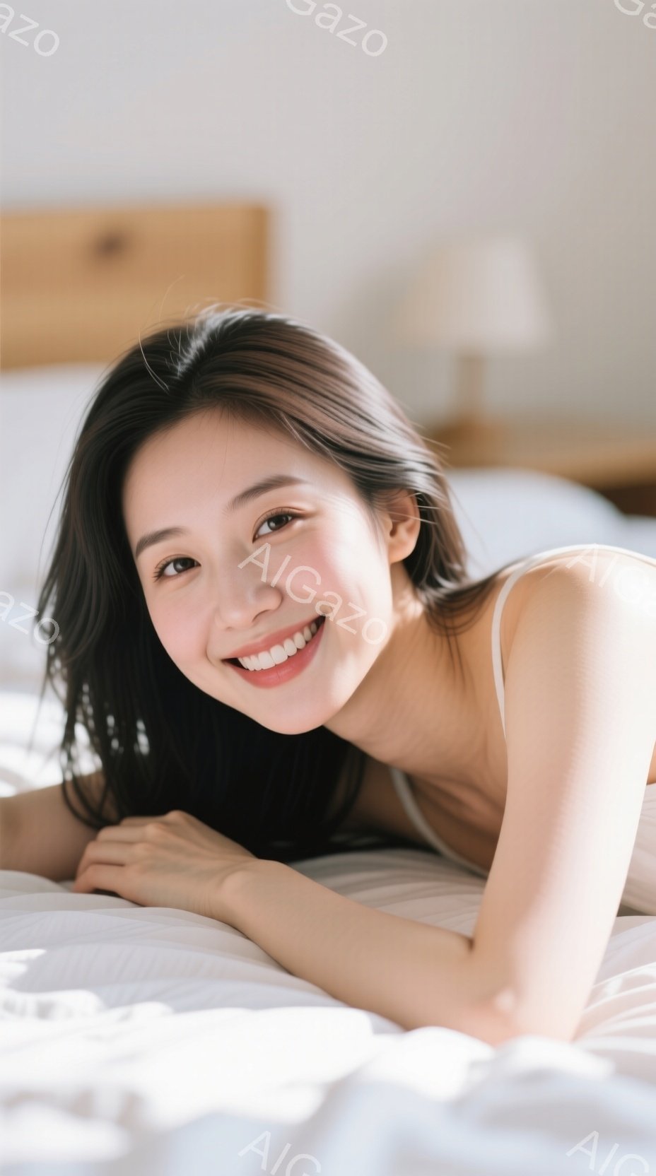 長い黒髪の女性が白いベッドに横たわっており、満面の笑顔を浮かべている。彼女はシンプルな白いキャミソールを着ており、リラックスしたポーズで片手を枕にして体を支えている。背景にはぼやけたベッドヘッドと柔ら - AI生成フリー素材