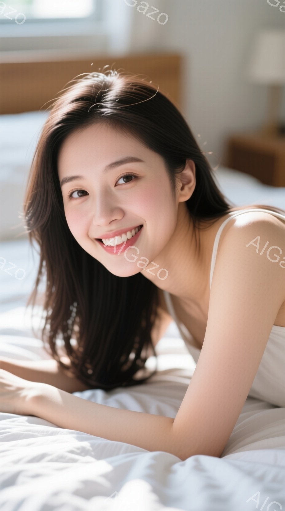 長い黒髪を広げ、白いタンクトップを着た女性がベッドに横たわっています。彼女は微笑んでおり、リラックスした表情をしています。背景は明るく、自然光が差し込み、全体的に穏やかで温かい雰囲気が漂っています。 - AI生成フリー素材