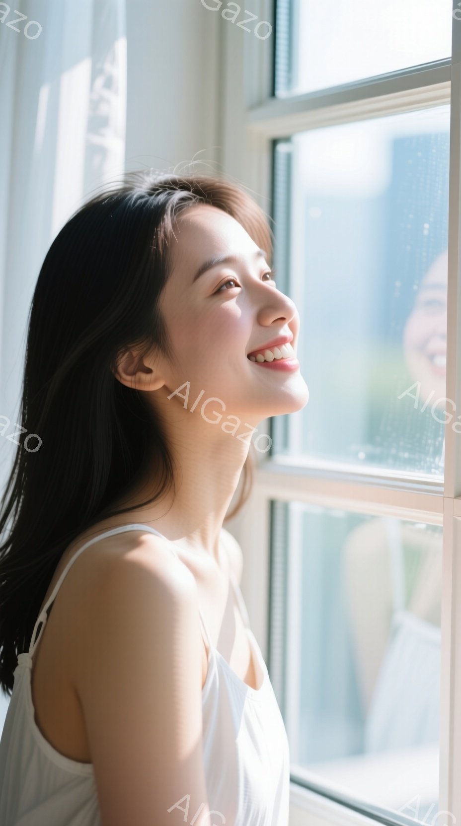 黒髪の女性が窓辺に立っており、わずかに上を見上げて微笑んでいます。白いキャミソールを着ており、髪は肩にかかる長さで自然な状態です。窓の外には、ぼやけた高層ビル群が見え、柔らかな光が室内に入り込み、穏や - AI生成フリー素材