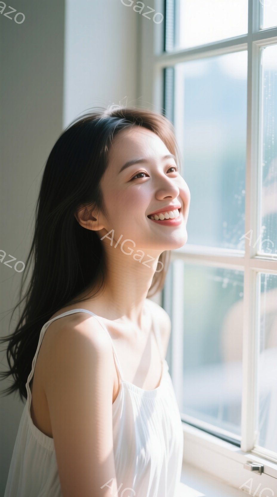 長い黒髪の女性が窓辺で微笑んでいます。白いタンクトップを着ており、リラックスした姿勢でわずかに顔を上げています。窓の外にはぼやけた景色が見え、柔らかい光が彼女を照らし、穏やかで希望に満ちた雰囲気を醸し - AI生成フリー素材