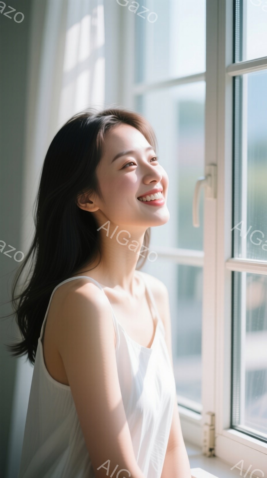 長い黒髪を肩から背中に流した女性が、白いキャミソールを着て窓辺に座っています。彼女は顔を上に向けて微笑んでおり、柔らかな光が彼女の表情を照らしています。窓の外には建物が見え、晴れた日の穏やかな雰囲気が - AI生成フリー素材