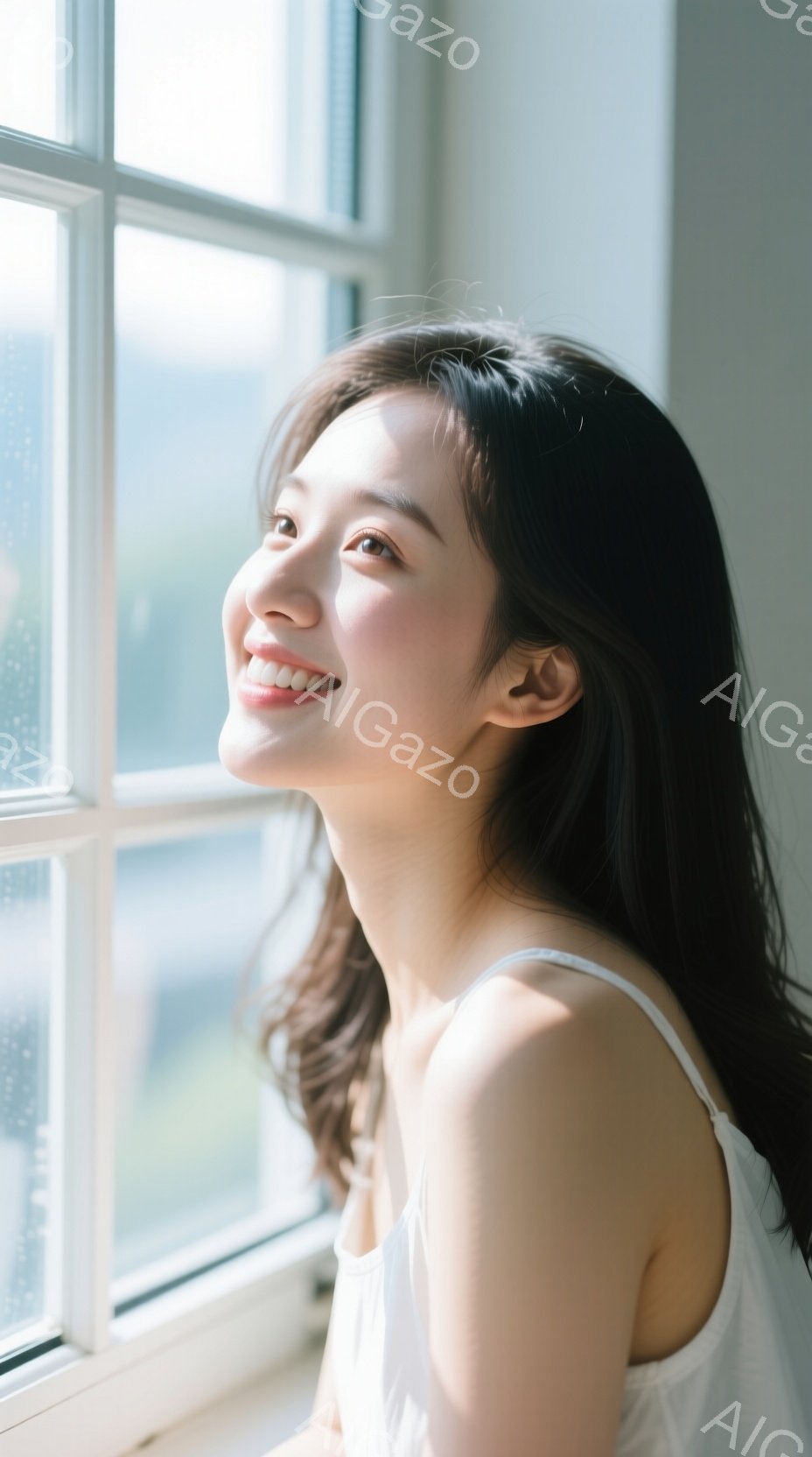 黒髪の女性が窓辺で微笑んでいます。白いタンクトップを着ており、髪は肩まで伸びた自然なウェーブヘアです。背景にはぼやけた建物が見え、全体的に柔らかく温かい雰囲気が漂っています。 - AI生成フリー素材