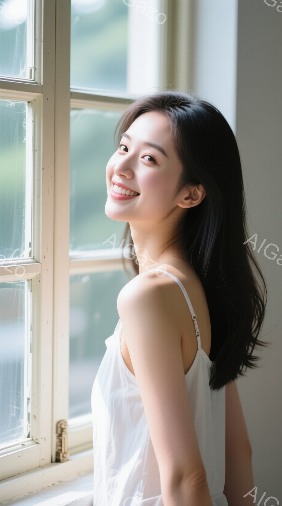 黒髪の女性が白いキャミソールを着て、窓辺で微笑んでいます。彼女は少し横を向き、優雅な姿勢で、明るく柔らかな表情を浮かべています。背景にはぼやけた緑が見え、窓枠の白い木製フレームが、全体に穏やかで暖かい - AI生成フリー素材