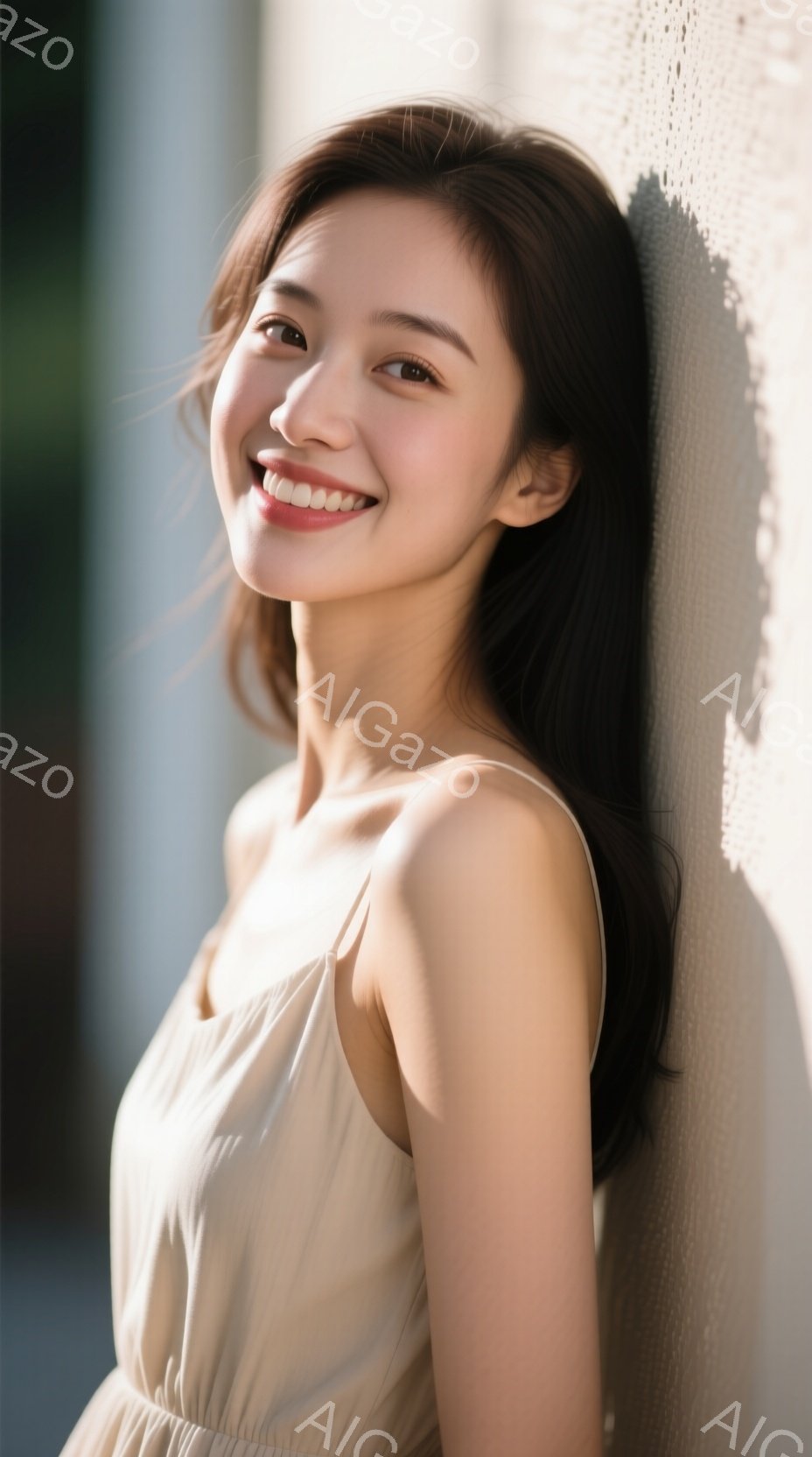 長い黒髪をなびかせ、ベージュ色のキャミソールワンピースを着た女性が写っています。彼女は壁に寄りかかり、穏やかな笑顔を浮かべており、その表情はリラックスした雰囲気を醸し出しています。背景は白く、光と影の - AI生成フリー素材