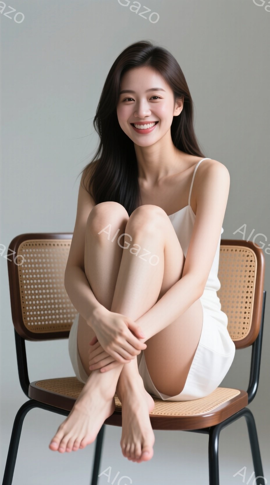 彼女は白いキャミソールとショートパンツを身に着け、素足で椅子に座っています。微笑みを浮かべた表情で、両膝を抱え、リラックスした様子を見せています。背景は淡いグレーで、人物が際立っており、全体的に穏やか - AI生成フリー素材