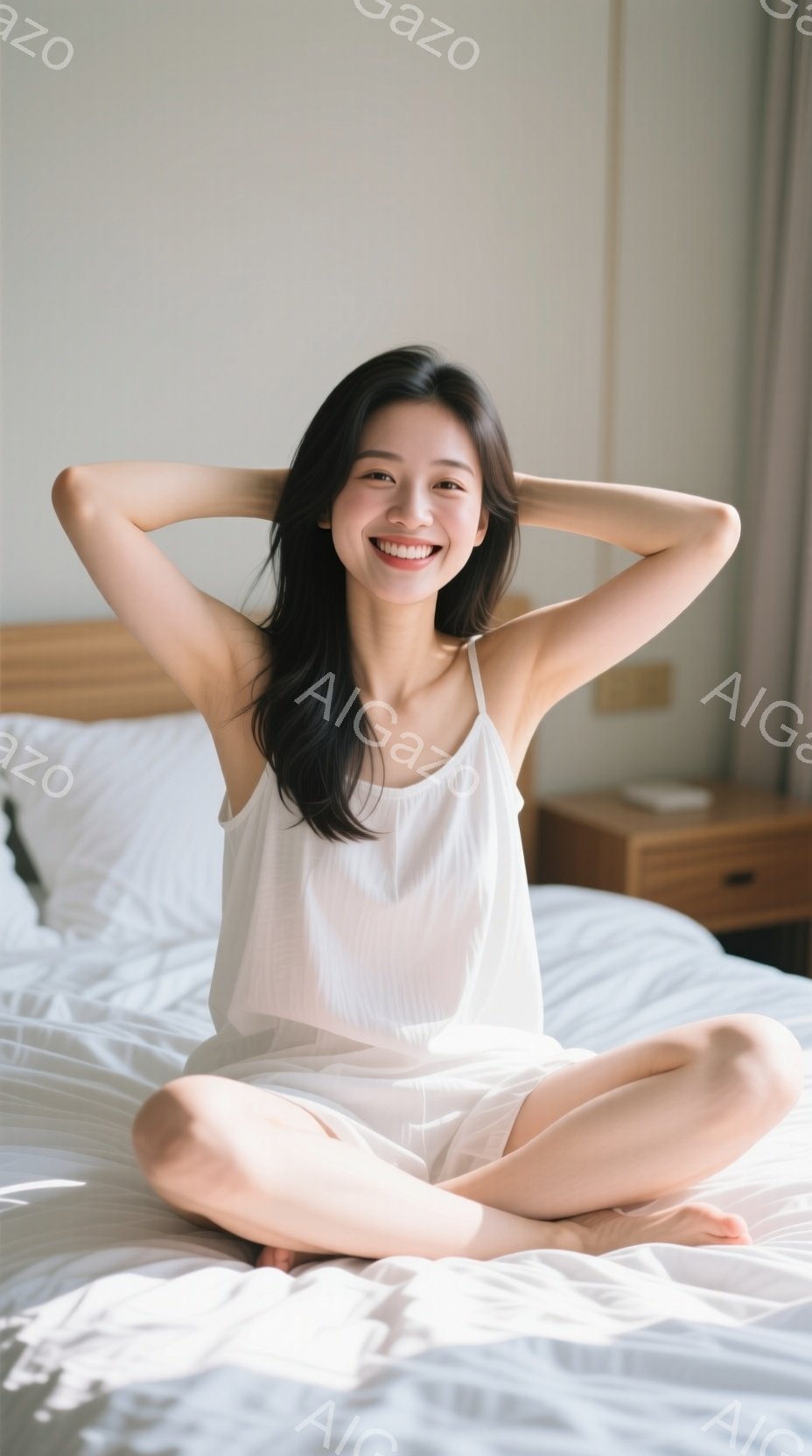 ベッドの上に座っている女性は、白いキャミソールとショートパンツ姿で、リラックスした様子を見せています。彼女は両手を頭の後ろで組み、足を組んで座っており、満面の笑顔でカメラを見ています。背景には、白を基調としたシンプルな寝室がぼやけており、穏やかで明るい雰囲気を醸し出しています。