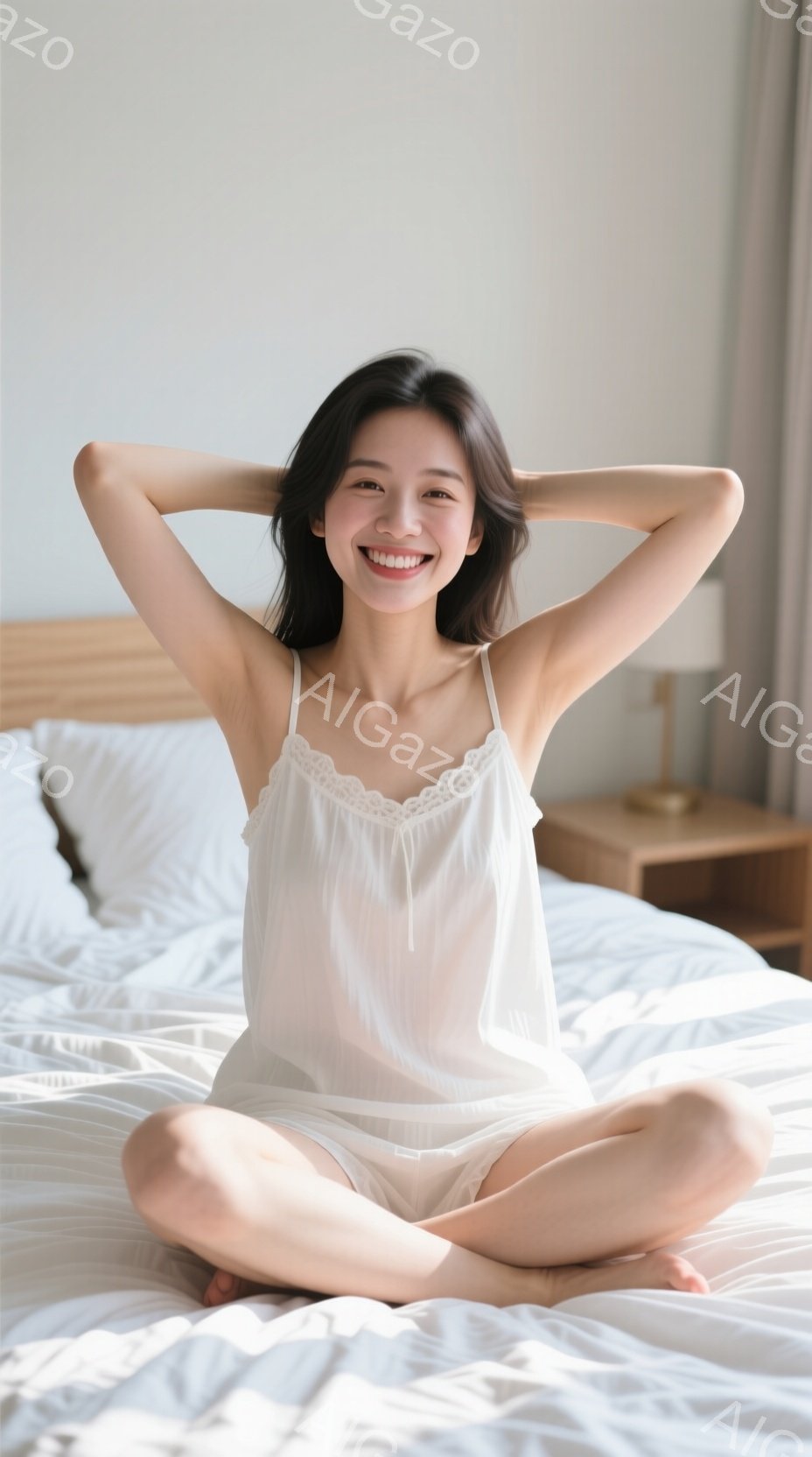 白いベッドの上に座っている若い女性が写っています。彼女は白いキャミソールと短パンを着ており、両手を頭の後ろに組んで微笑んでいます。背景にはぼやけた家具が見え、全体的に明るく、リラックスした雰囲気が漂っ - AI生成フリー素材