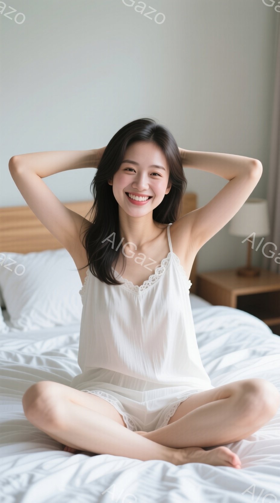 白いキャミソールとショーツ姿の若い女性が、ベッドに座って両手を頭の後ろに組んでいます。彼女は足を組んで座り、笑顔でカメラを見つめており、明るい表情が印象的です。背景には白いベッドリネンと、ぼんやりと見 - AI生成フリー素材