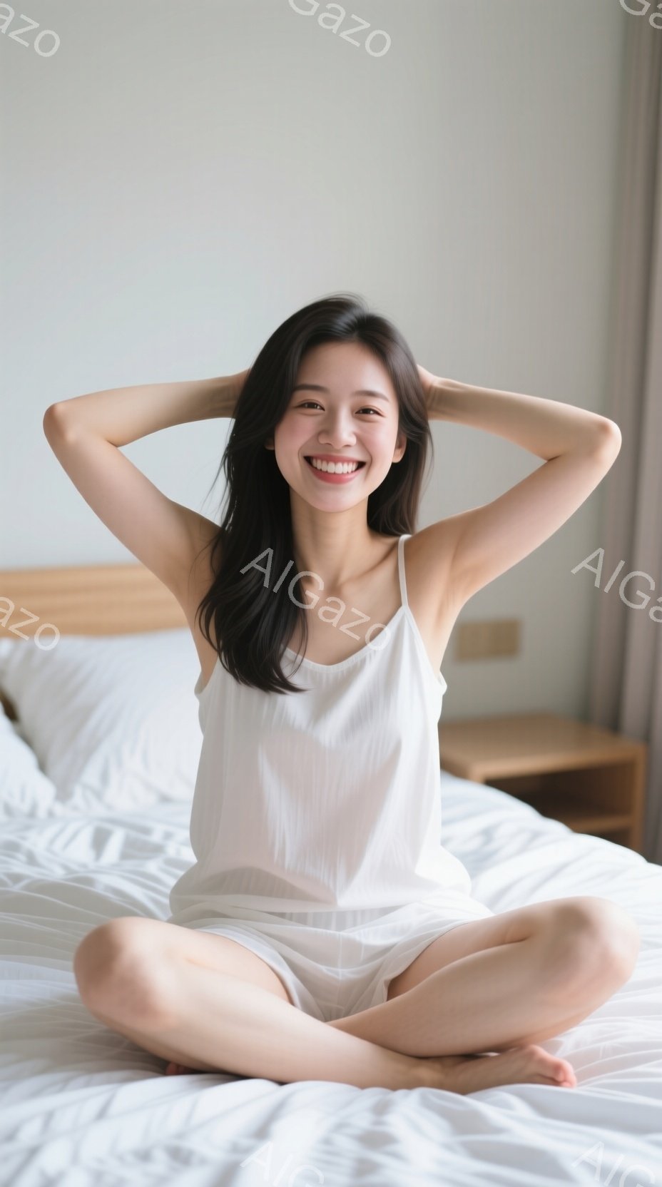 白いタンクトップとショートパンツを着た若い女性が、ベッドに座って足を組んでいます。彼女は笑顔で、両手を頭の後ろに組んでリラックスした様子です。背景は白を基調としたシンプルな寝室で、穏やかで平和な雰囲気が漂っています。