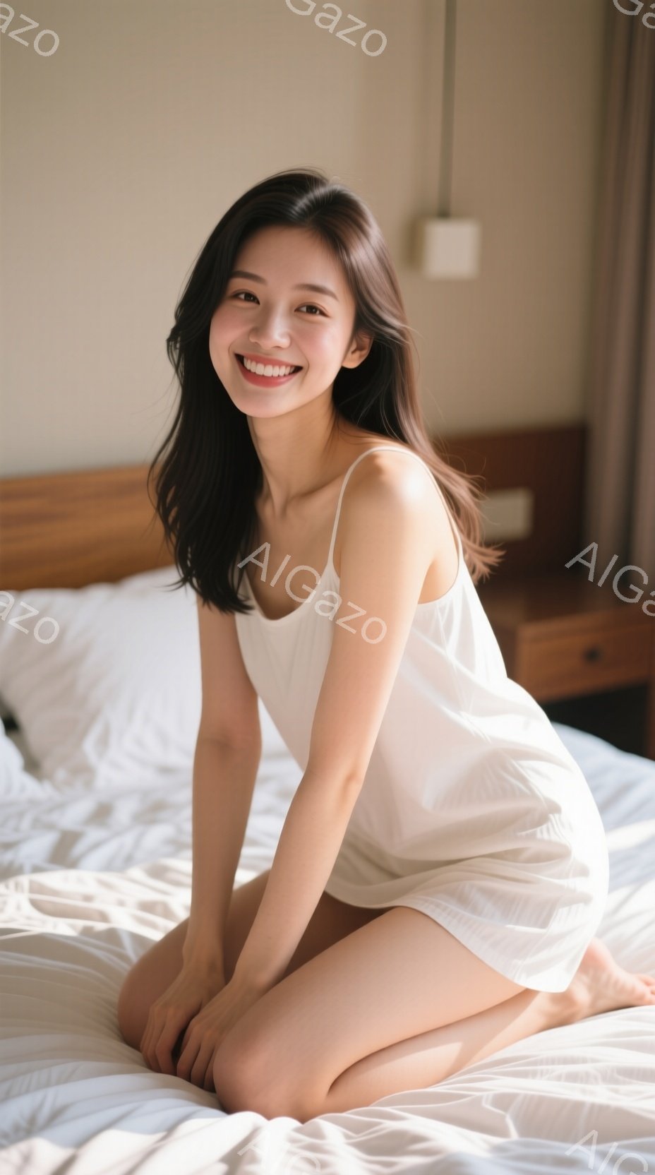 長い黒髪を無造作に垂らし、白いキャミソールワンピースを着た若い女性がベッドの上に膝を曲げて座っています。彼女は微笑みを浮かべ、リラックスした表情をしています。背景はベージュ色の壁と木製の家具で、全体的に穏やかで温かい雰囲気です。