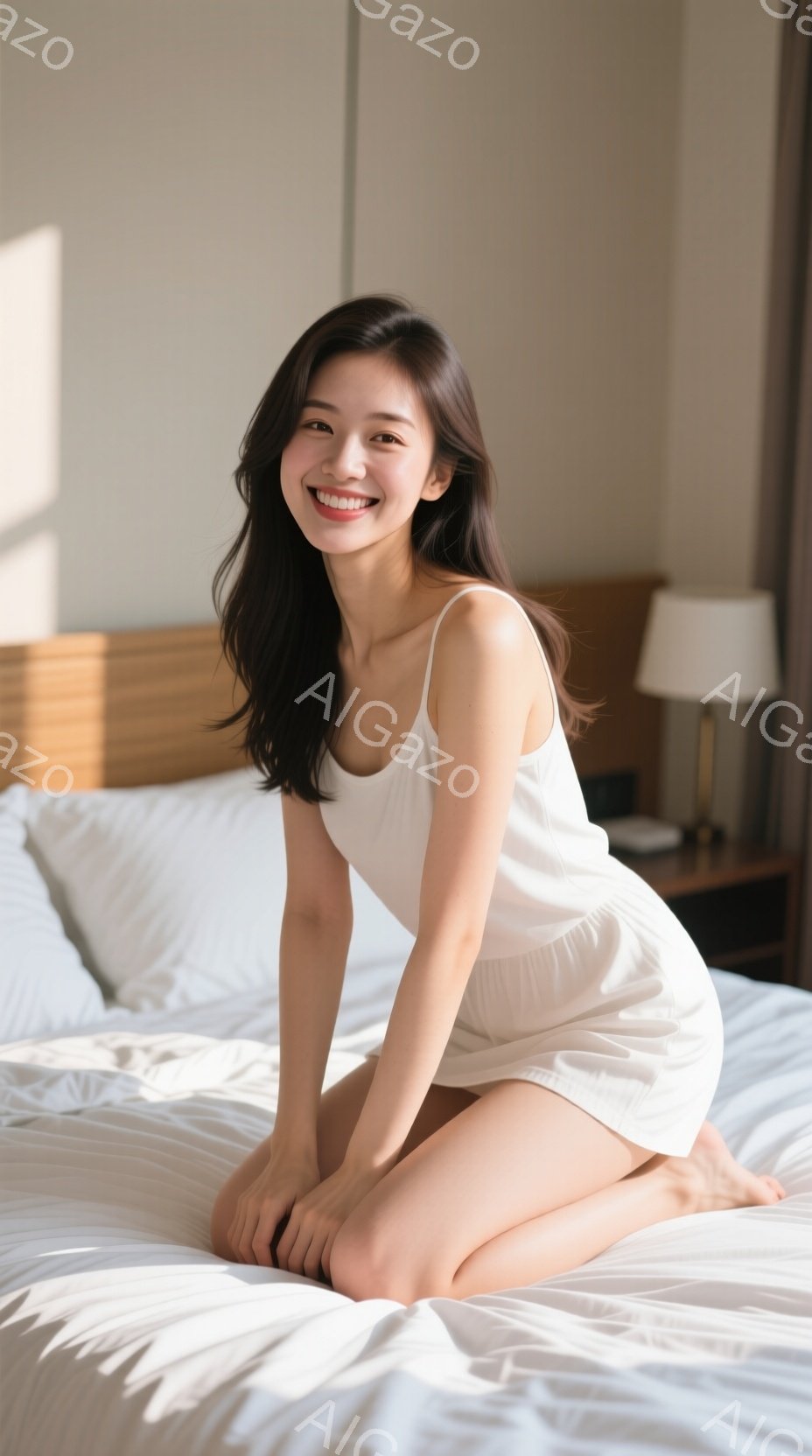 明るい部屋のベッドに座る若い女性が写っています。白いキャミソールドレスを着ており、長い黒髪が肩にかかっています。笑顔でカメラを見つめており、リラックスした雰囲気が漂っています。 - AI生成フリー素材