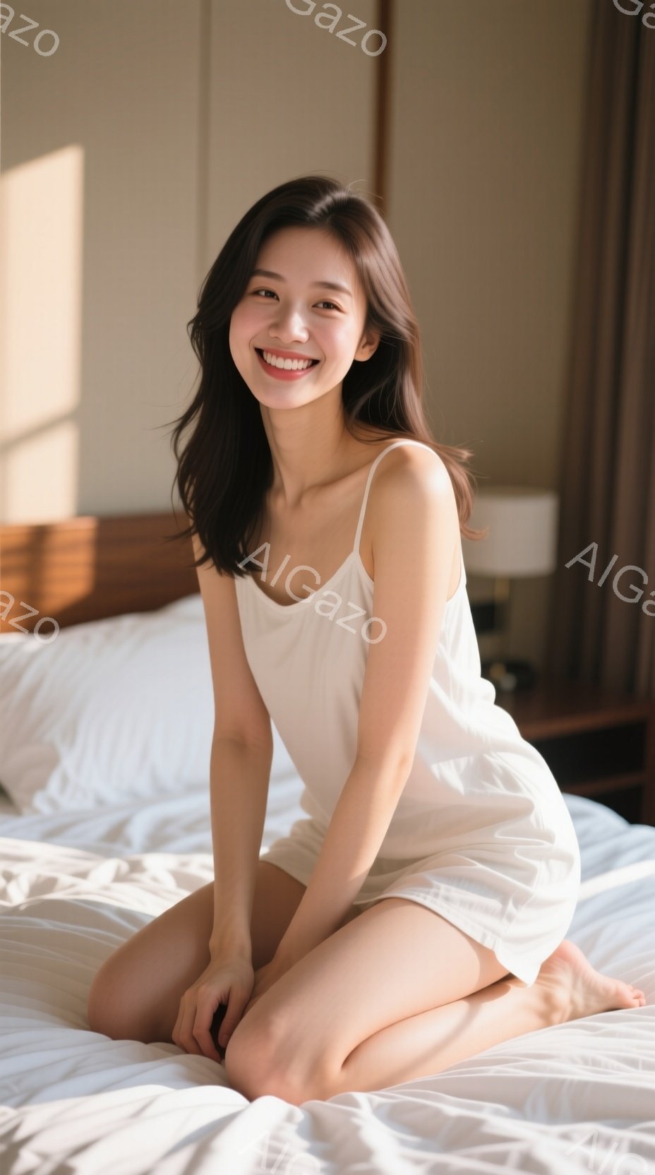 浅いベージュ色のベッドの上に座っている若い女性が写っています。白いキャミソールを着て、長い黒髪は肩にかかっています。彼女は明るく、幸せそうな笑顔を浮かべており、リラックスした雰囲気が漂っています。 - AI生成フリー素材