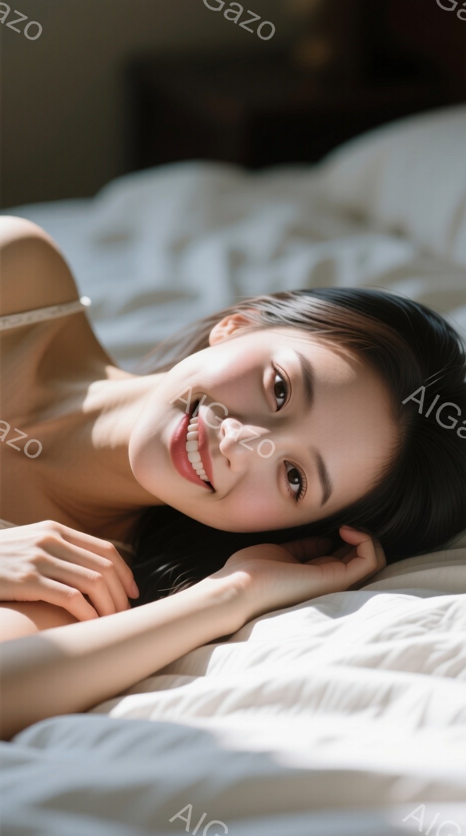 長い黒髪の女性が白いベッドに横たわり、片手で頬を支えながらカメラを見つめて微笑んでいます。彼女はリラックスした姿勢で、柔らかい光が彼女の顔を照らし、穏やかで心地よい雰囲気を醸し出しています。背景はぼや - AI生成フリー素材