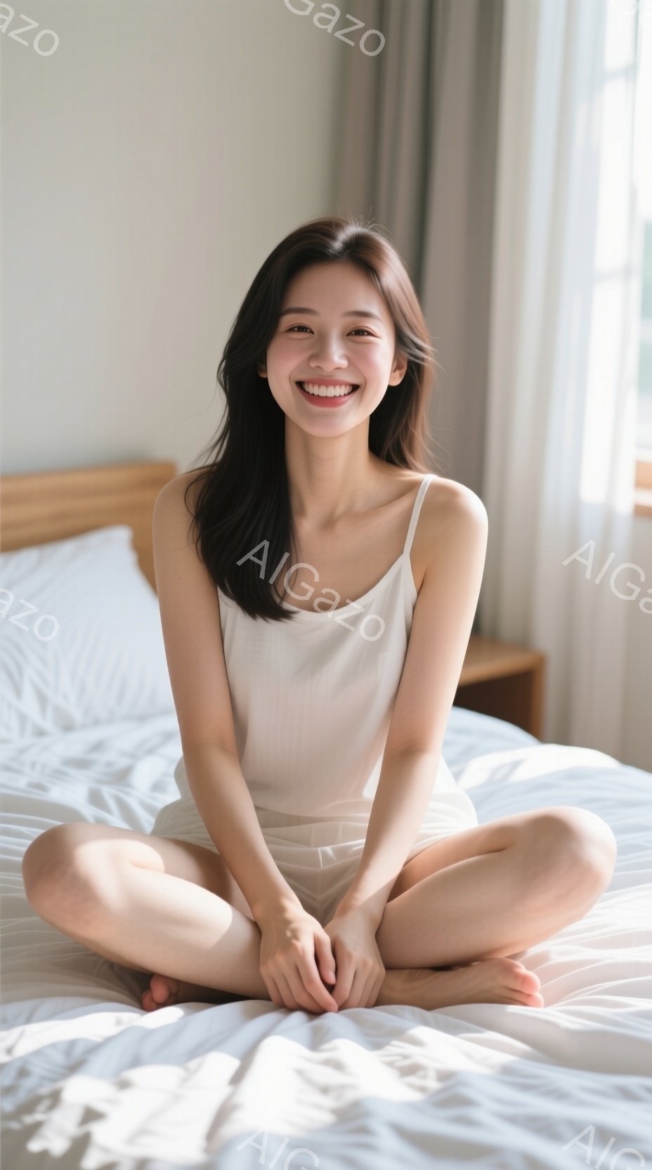 明るいベッドの上に座っている若い女性が写っています。白いキャミソールとショートパンツを身に着け、長い髪は自然に肩にかかっています。彼女は笑顔でカメラを見ており、リラックスした穏やかな雰囲気が漂っていま - AI生成フリー素材