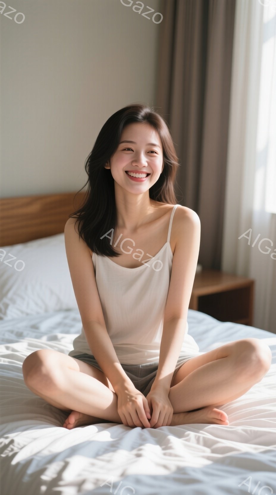 明るい日差しが差し込むベッドの上に、女性が足を組んで座っています。白いタンクトップとグレーのショートパンツを身に着け、リラックスした表情で微笑んでいます。背景には木製のナイトスタンドがあり、穏やかで安 - AI生成フリー素材