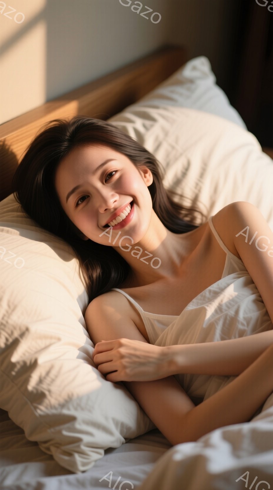 長い黒髪を広げ、白いキャミソールを着た女性がベッドに横たわっています。彼女は微笑んでおり、リラックスした様子で枕に頭を預けています。部屋には柔らかな光が差し込み、穏やかで心地よい雰囲気が漂っています。 - AI生成フリー素材