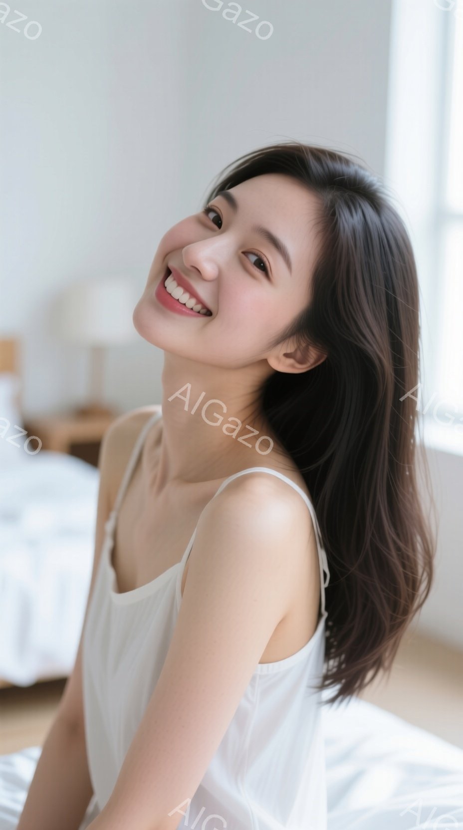 明るい室内で、女性が白いキャミソールを着てベッドに座っています。彼女は少し顔を傾け、満面の笑顔を浮かべており、長い髪は肩にかかっています。背景には白いベッドと木製のナイトスタンドが見え、穏やかでリラッ - AI生成フリー素材