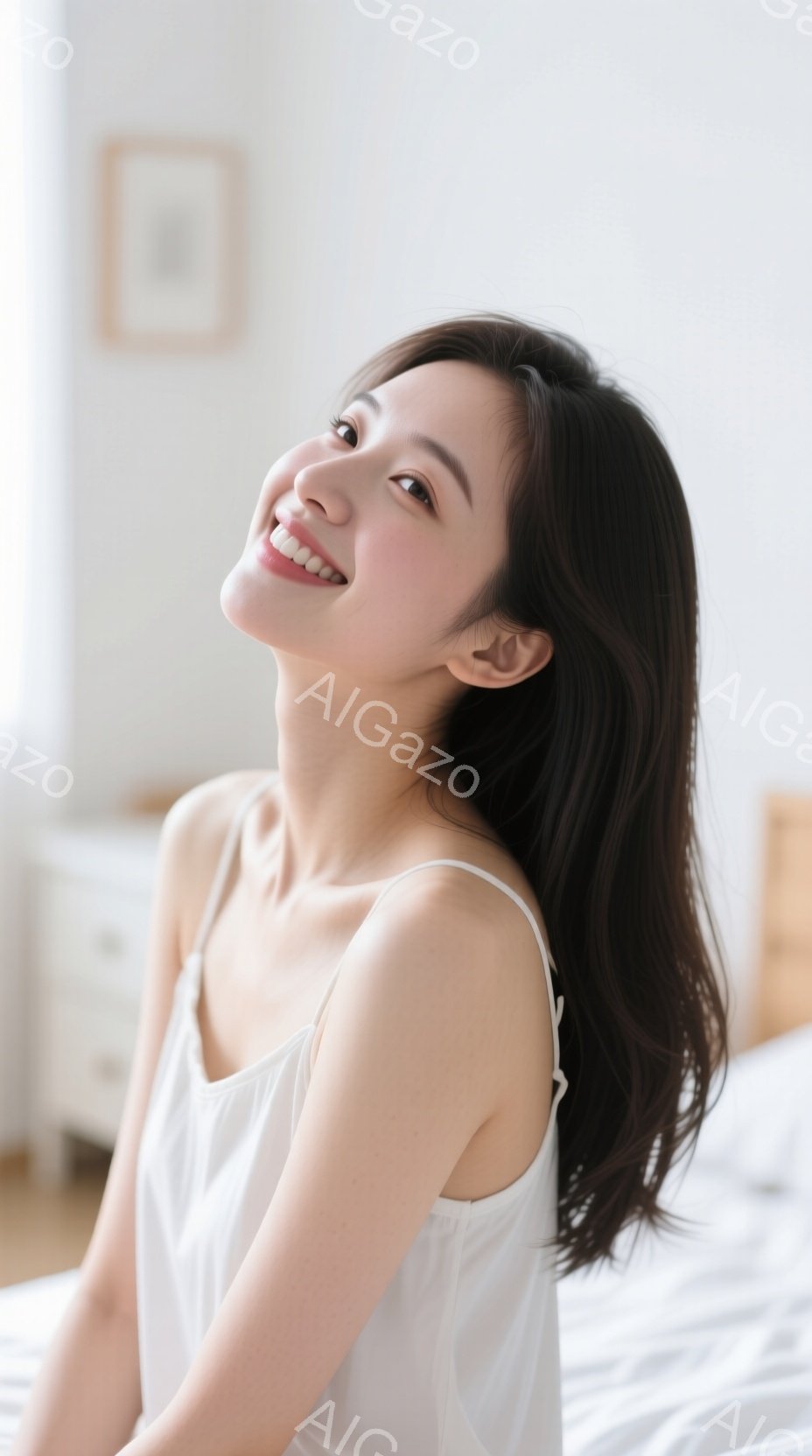 長い黒髪を無造作に垂らし、白いキャミソールを着た女性が写っている。彼女はベッドに座り、顔を少し上に向けて穏やかな笑顔を浮かべている。背景は白を基調とした部屋で、落ち着いた暖かく、穏やかな雰囲気が漂って - AI生成フリー素材