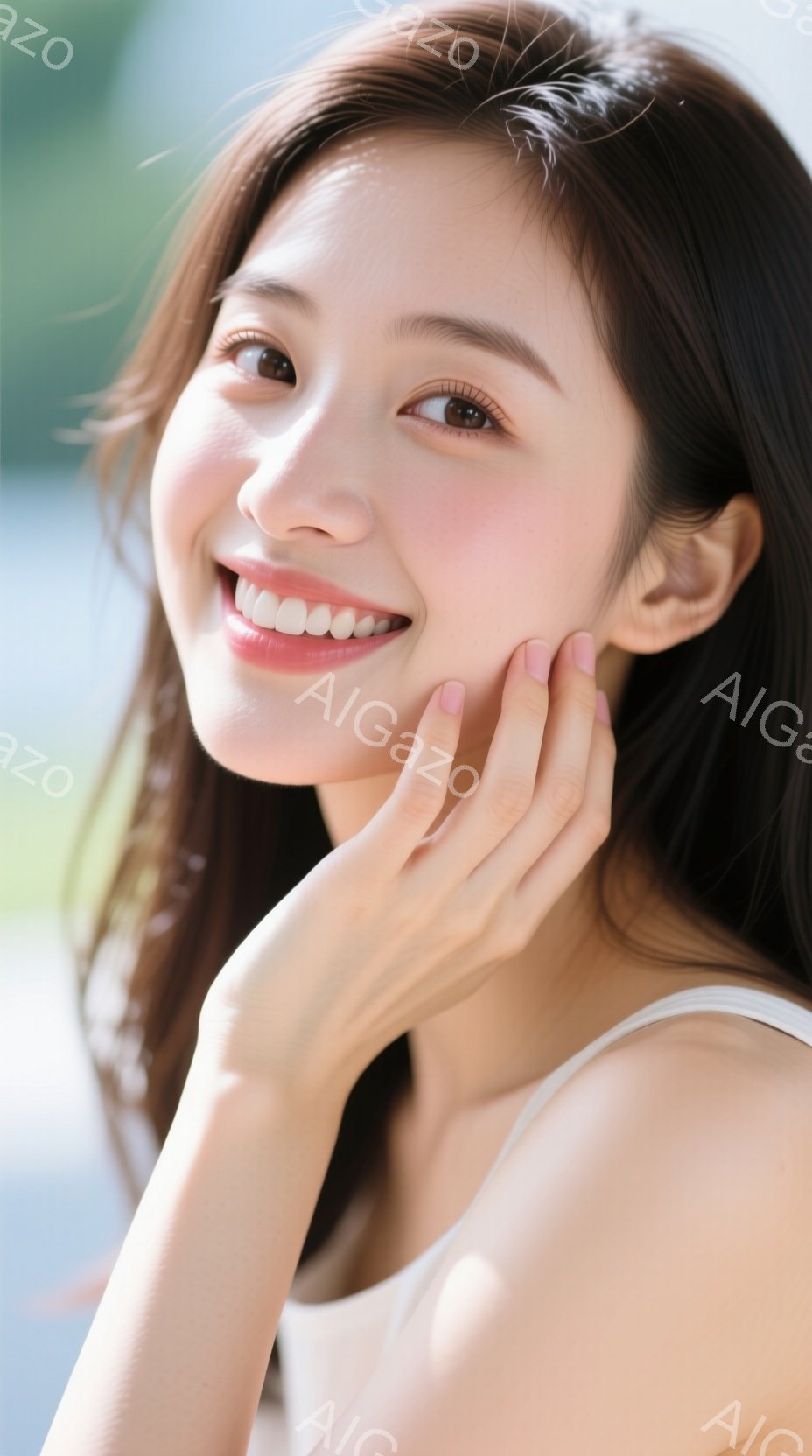 明るい笑顔を見せる若い女性が写っている。彼女は白いタンクトップを着ており、長い茶色の髪が肩にかかっている。彼女は両手で頬を包み込み、優しく微笑んでいる。 - AI生成フリー素材