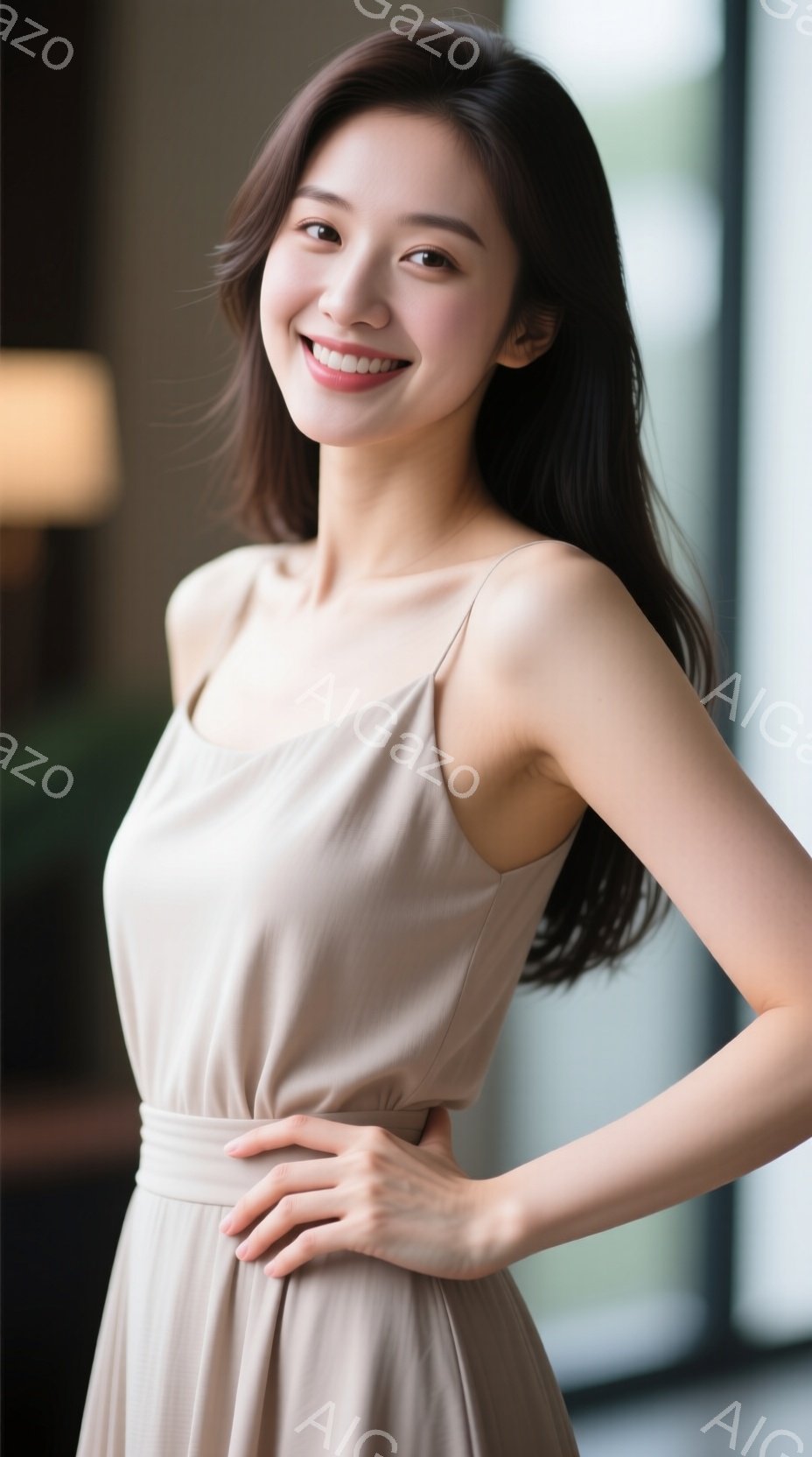 長い黒髪を後ろに流した女性が、ベージュ色のキャミソールワンピースを着て、片手を腰に当てて立っています。彼女は微笑んでおり、自信に満ちた表情をしています。背景はぼやけていますが、窓と緑が見え、室内である - AI生成フリー素材