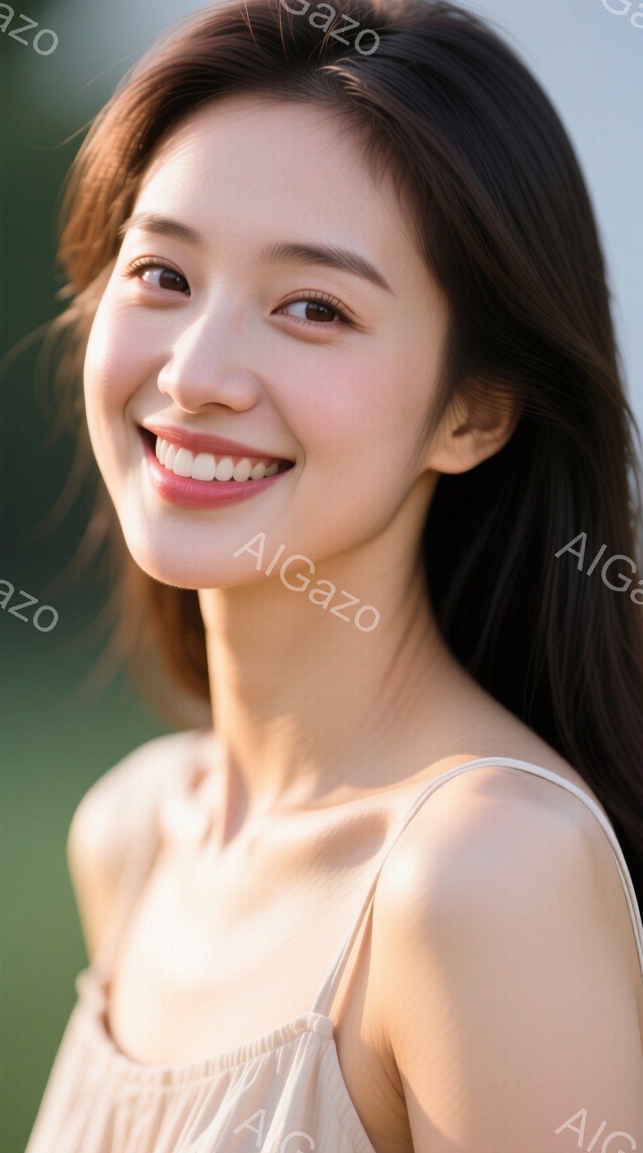 長い黒髪をなびかせ、明るい笑顔を浮かべた若い女性が写っている。オフショルダーの淡いベージュ色のトップスを着ており、背景は緑豊かな自然でぼやけている。全体的に、柔らかく、自然で、親しみやすい雰囲気が漂っ - AI生成フリー素材