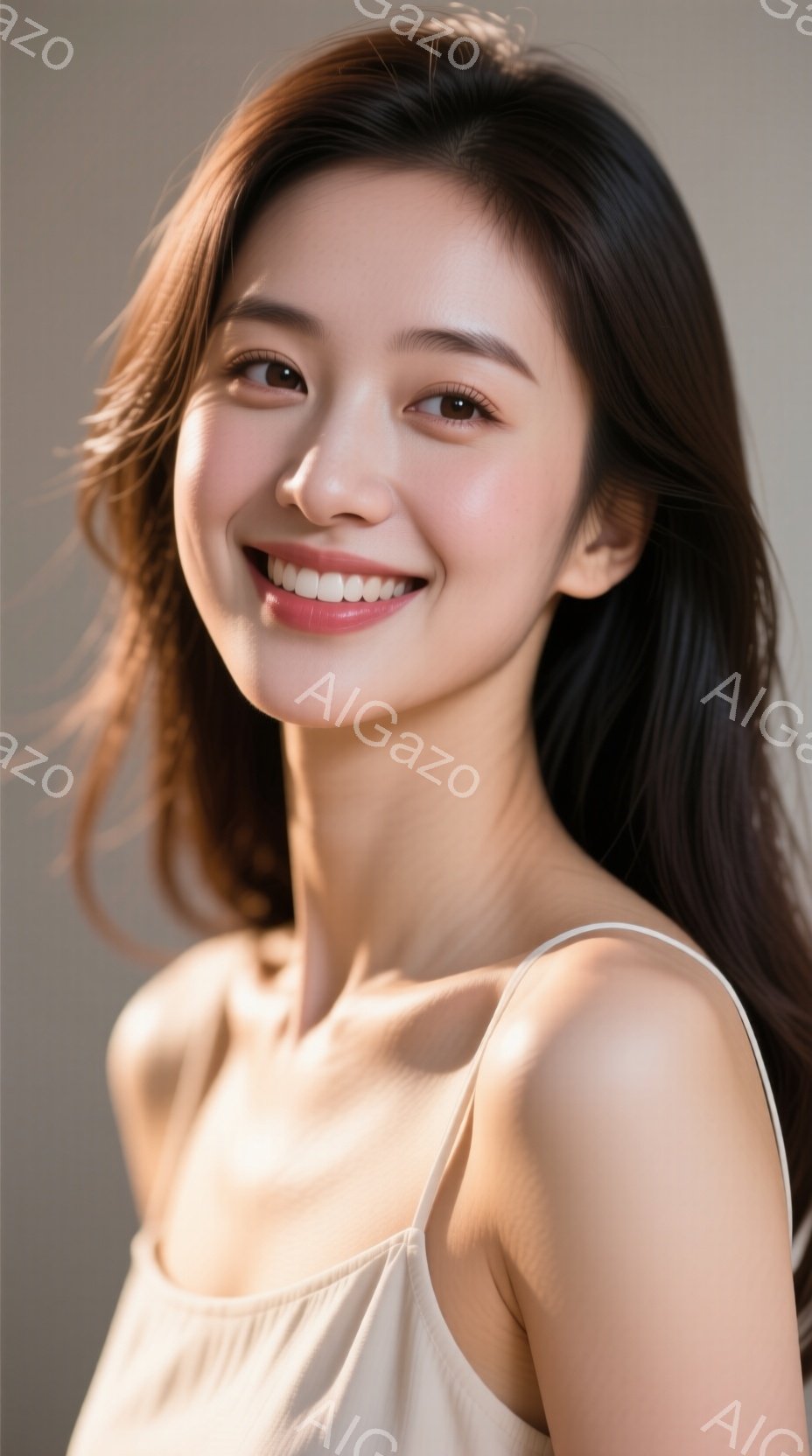 長い黒髪をセンターパートにした女性が、クリーム色のキャミソールを着て微笑んでいます。彼女はわずかに顔を傾け、柔らかい光が彼女の顔を照らしています。背景は淡いベージュ色で、全体的に穏やかで優しい雰囲気で - AI生成フリー素材