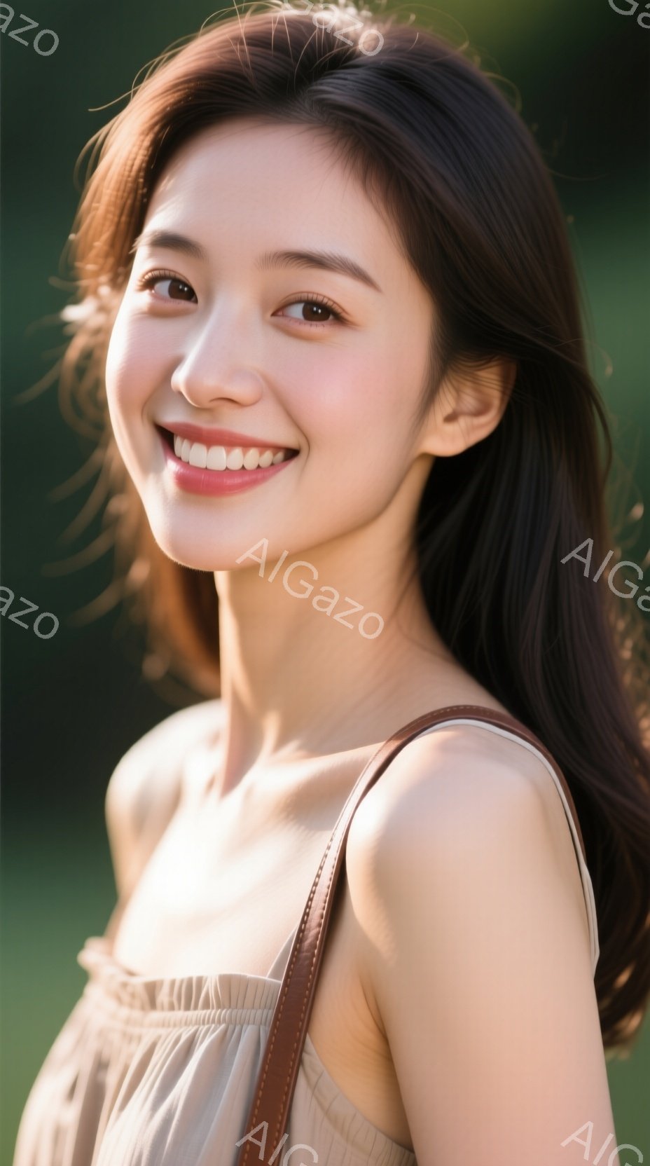 長いダークブラウンの髪は肩にかかり、柔らかいウェーブを描いています。ベージュ色のキャミソールワンピースを着ており、肩に革製のストラップをかけています。顔には明るい笑顔が浮かび、背景の緑が彼女の明るい雰囲気を引き立てています。