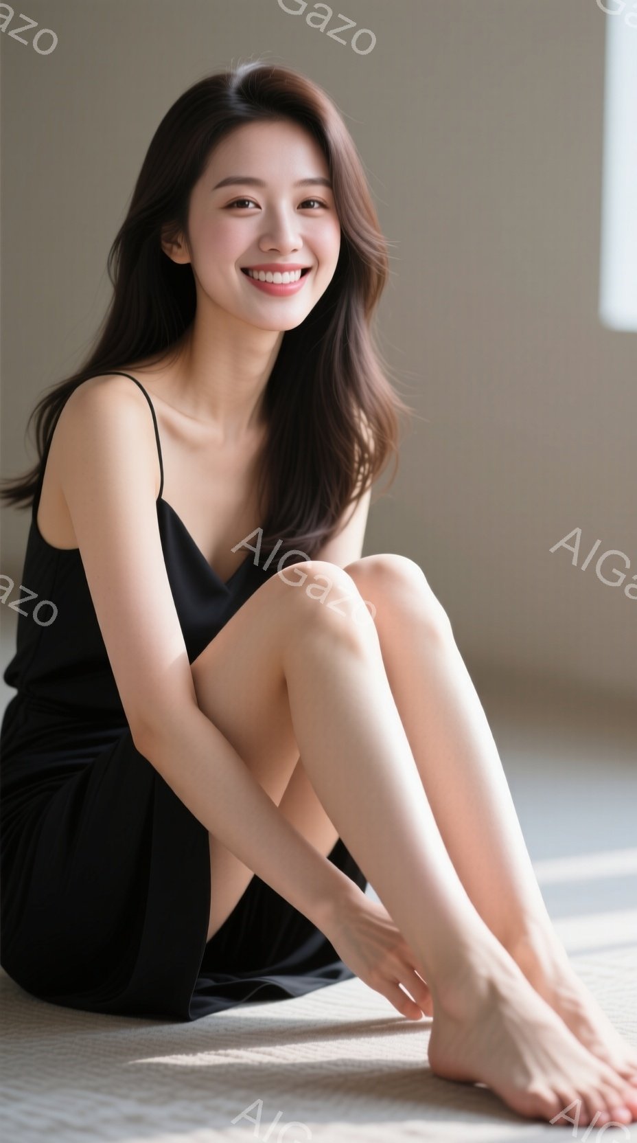 長い黒髪をなびかせ、黒いキャミソールワンピースを着た女性が、床に座って膝を抱えています。彼女は微笑んでおり、リラックスした穏やかな表情をしています。背景は明るいベージュ色で、室内であることがわかります。