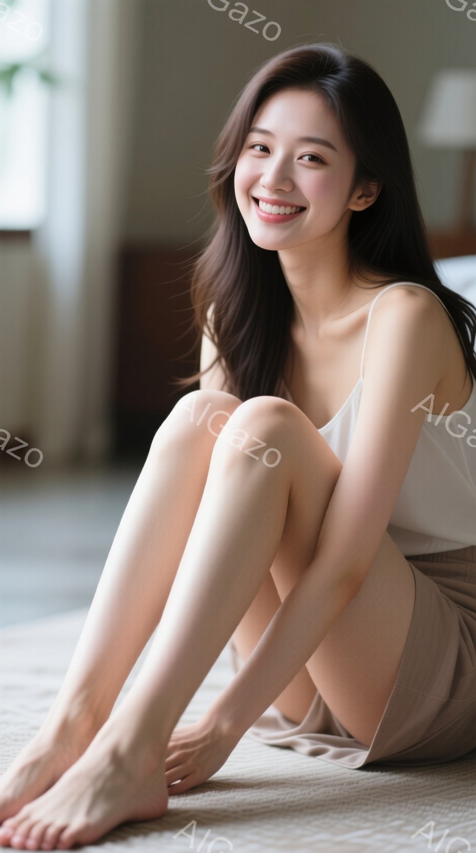 長い黒髪を肩から下でなびかせ、白いタンクトップとベージュのスカートを身につけた若い女性が、床に座って膝を曲げている。彼女は微笑みを浮かべ、リラックスした雰囲気を醸し出している。背景はぼやけているが、室 - AI生成フリー素材