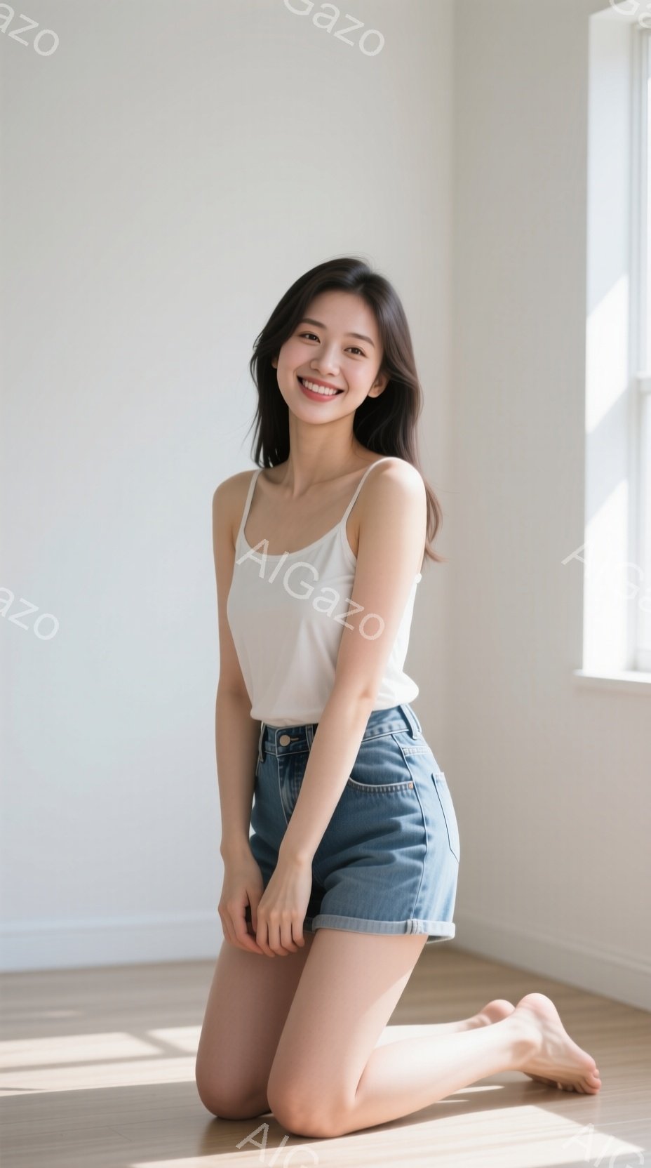 若い女性が膝をついてポーズをとっています。白いタンクトップとデニムのショートパンツを着用し、明るい笑顔を見せています。背景はシンプルな白い壁と木製の床で、窓から差し込む自然光が彼女を照らしており、全体 - AI生成フリー素材