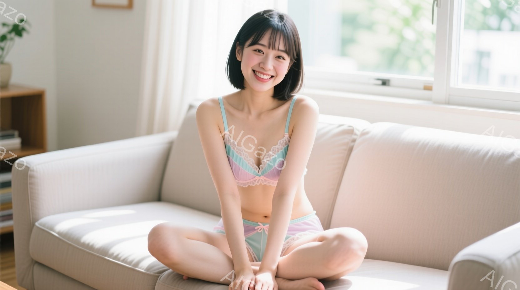 若い女性がソファに座って微笑んでいます。彼女はパステルピンクとターコイズブルーのレースのブラとショーツを着用し、黒髪で前髪を下ろしたヘアスタイルです。背景には明るい窓と木製の棚があり、全体的に柔らかく - AI生成フリー素材