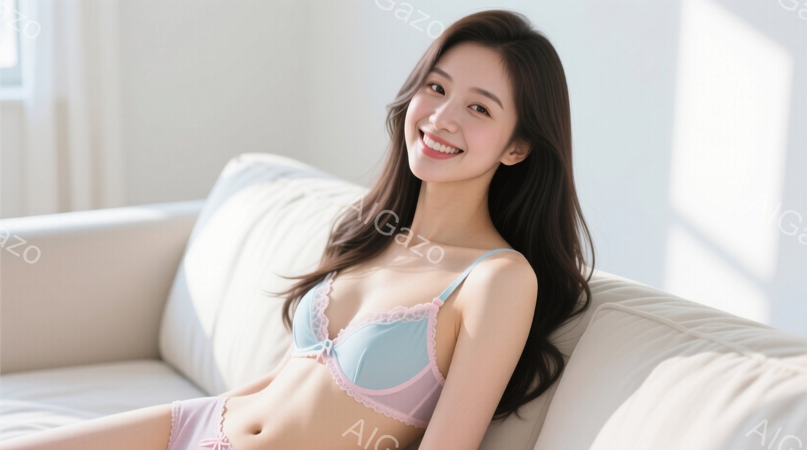 長い茶色の髪をセンターパートにした女性が、淡い水色のブラとピンクのショーツ姿で白いソファーに横たわっています。彼女は微笑んでおり、リラックスした表情でカメラを見つめています。背景は白くシンプルで、光が - AI生成フリー素材