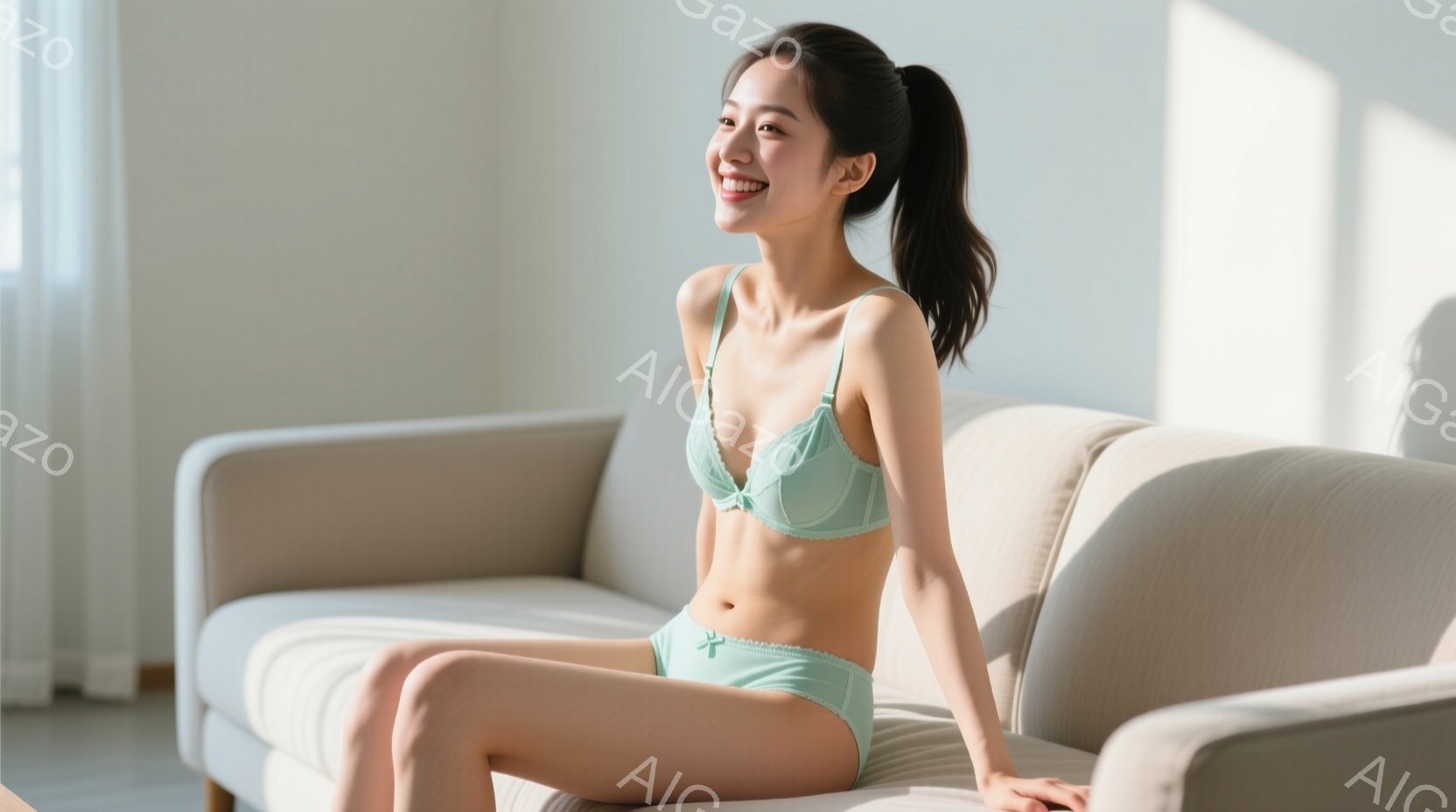 薄い緑色のブラとショーツを身に着けた若い女性が、ベージュ色のソファに座っています。彼女は微笑んでおり、長い黒髪は後ろでポニーテールに結ばれています。背景はシンプルで、白い壁と自然光が差し込む室内です。