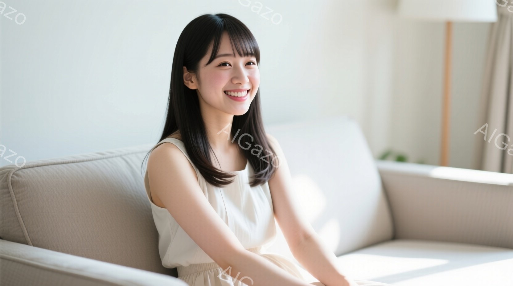 明るい室内で、若い女性がベージュ色のソファに座って微笑んでいます。彼女は肩出しの白いワンピースを着ており、前髪のある黒髪が印象的です。背景はシンプルで、柔らかい光が差し込み、リラックスした穏やかな雰囲 - AI生成フリー素材