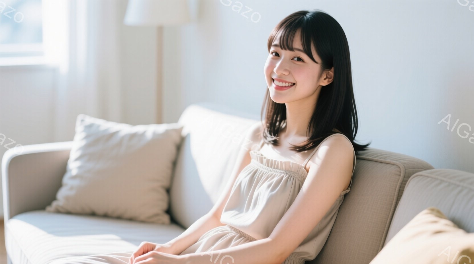 若い女性がベージュ色のソファに座っており、優しい笑顔を浮かべている。彼女は肩出しのクリーム色のワンピースを着ており、前髪のあるダークブラウンのストレートヘアが肩にかかっている。背景は明るく、シンプルな - AI生成フリー素材