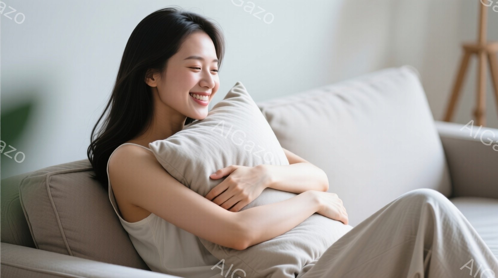 長い黒髪をセンターパートにした女性が、ベージュ色のソファに横たわり、抱き枕を抱えています。彼女は微笑んでおり、リラックスした表情をしています。背景は白を基調としたシンプルなリビングルームで、穏やかで心 - AI生成フリー素材