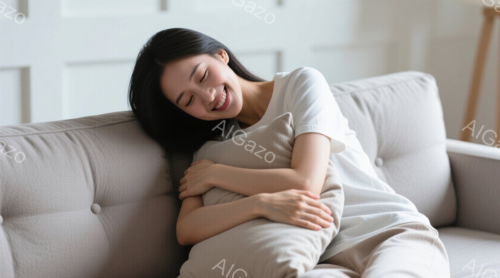 柔らかいベージュのソファに横たわり、笑顔の女性が写っています。白いTシャツを着ており、長い黒髪は自然に広がっています。目は細く、幸せそうな表情で、リラックスした雰囲気が漂っています。