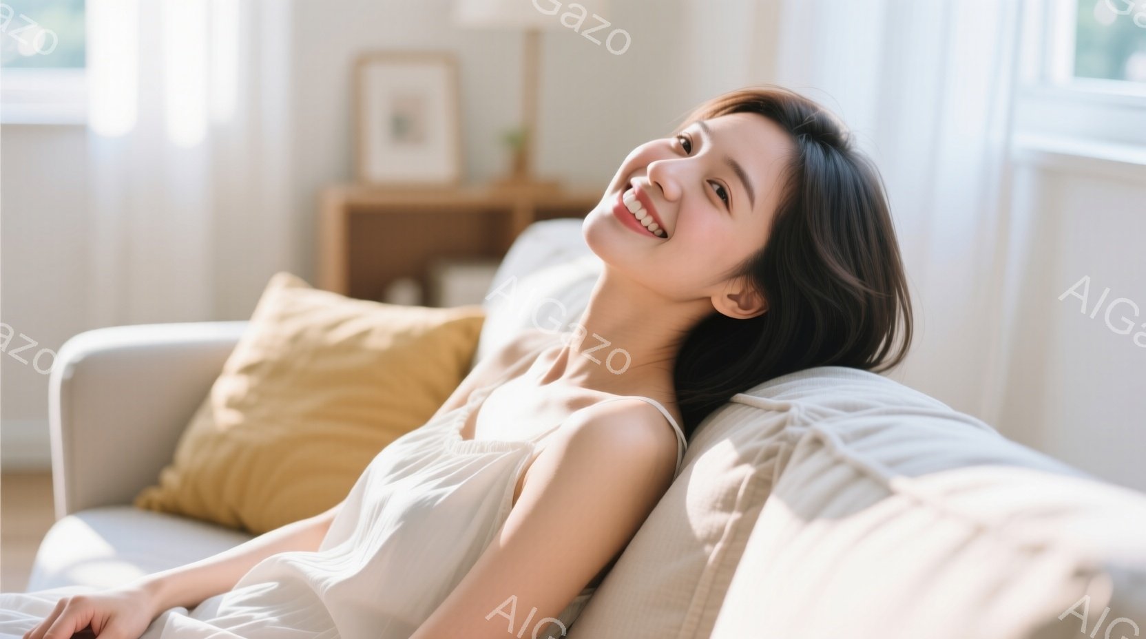 明るい室内で、女性がベージュのソファに横たわり、リラックスした表情で目を細めています。白いキャミソール風のトップスを着ており、髪は肩にかかる長さで自然なウェーブがかかっています。背景には木製の棚があり - AI生成フリー素材