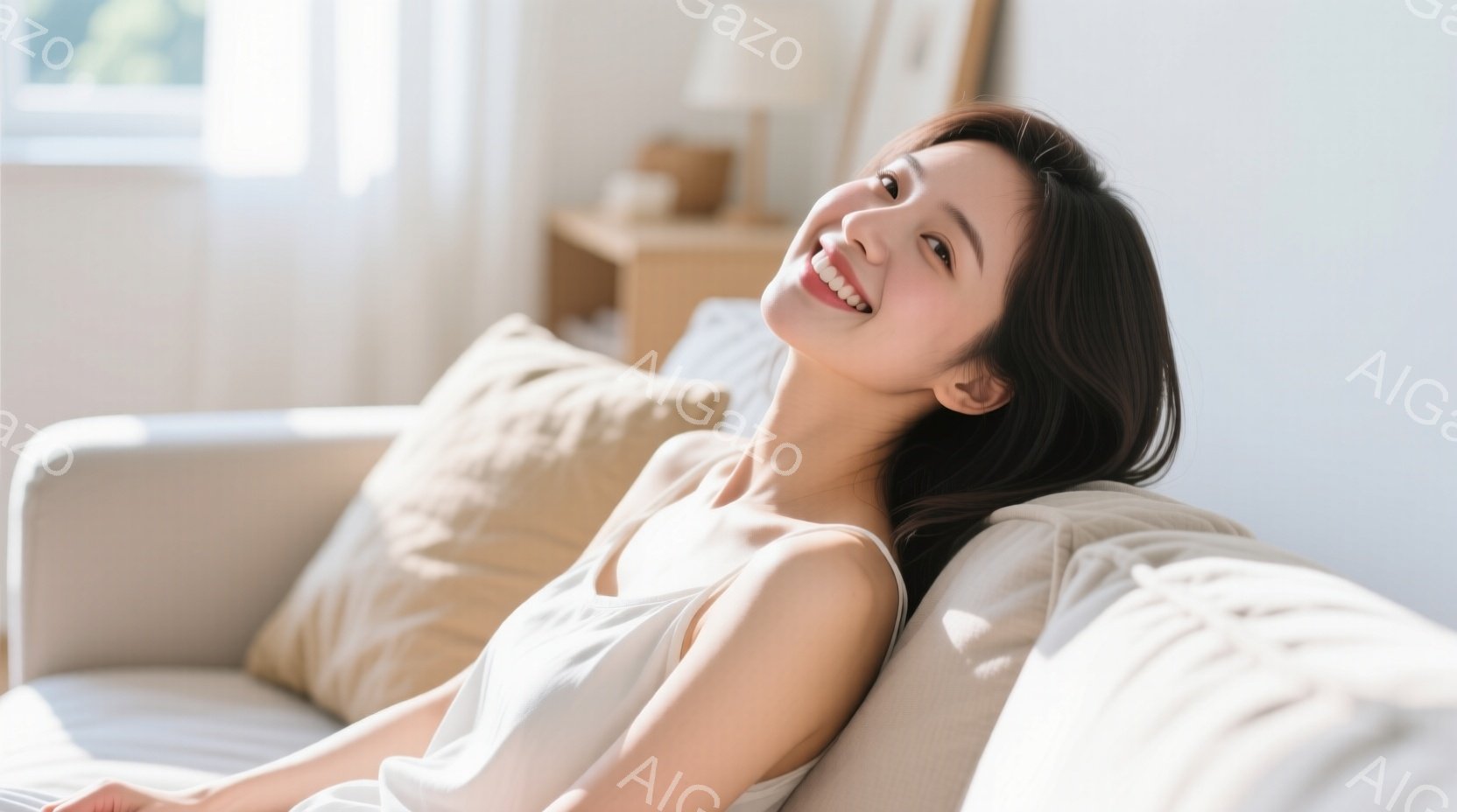 明るい色のソファに横たわる女性が写っています。彼女は白いタンクトップを着ており、長い髪はゆるやかにウェーブがかかっています。顔には微笑みが浮かび、リラックスした雰囲気で、背景には柔らかい光が差し込んで - AI生成フリー素材