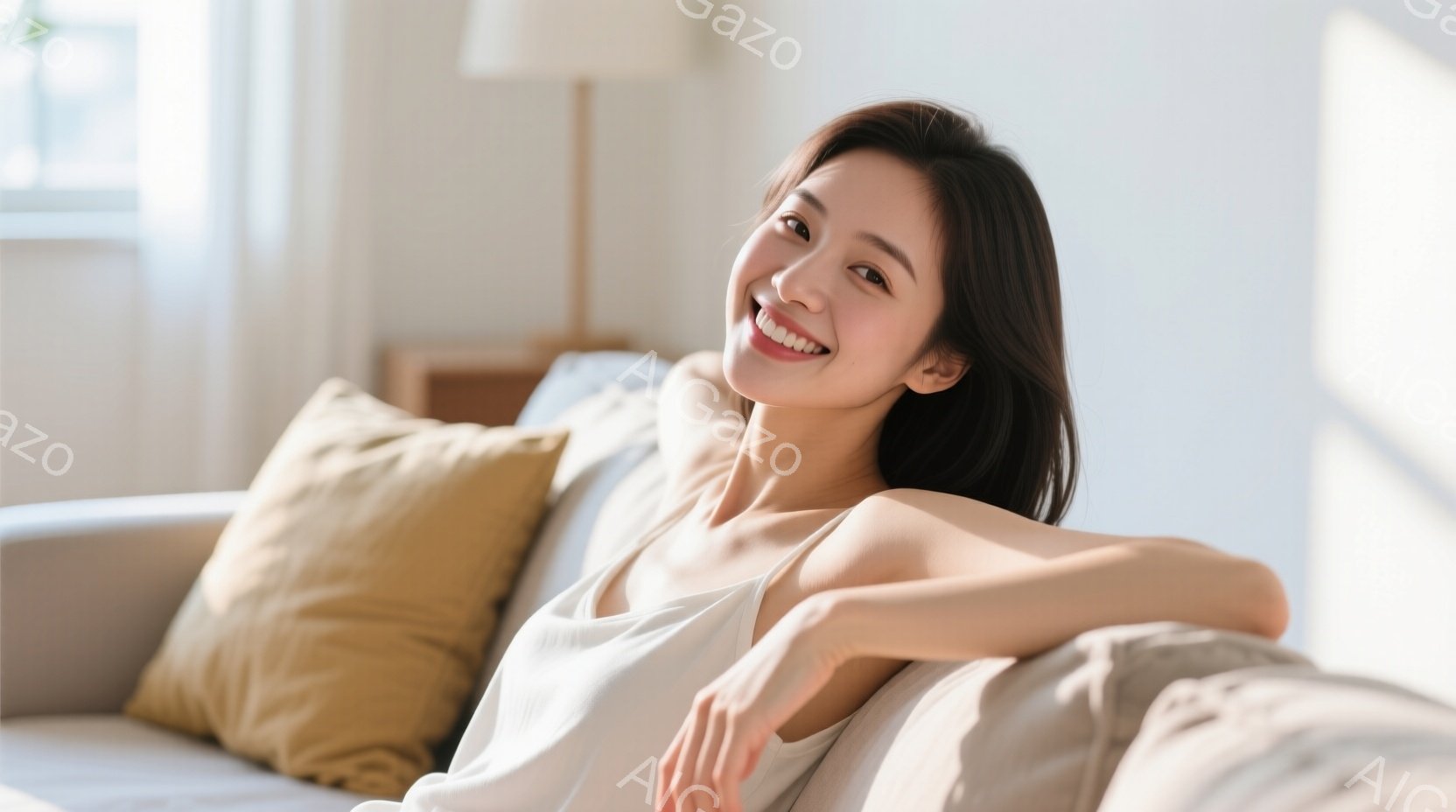 明るいリビングで、白いトップスを着た女性がソファにゆったりと座っています。彼女は微笑んでおり、リラックスした表情でカメラを見ています。背景には淡い色のクッションと、柔らかい光が差し込む窓が見えます。 - AI生成フリー素材