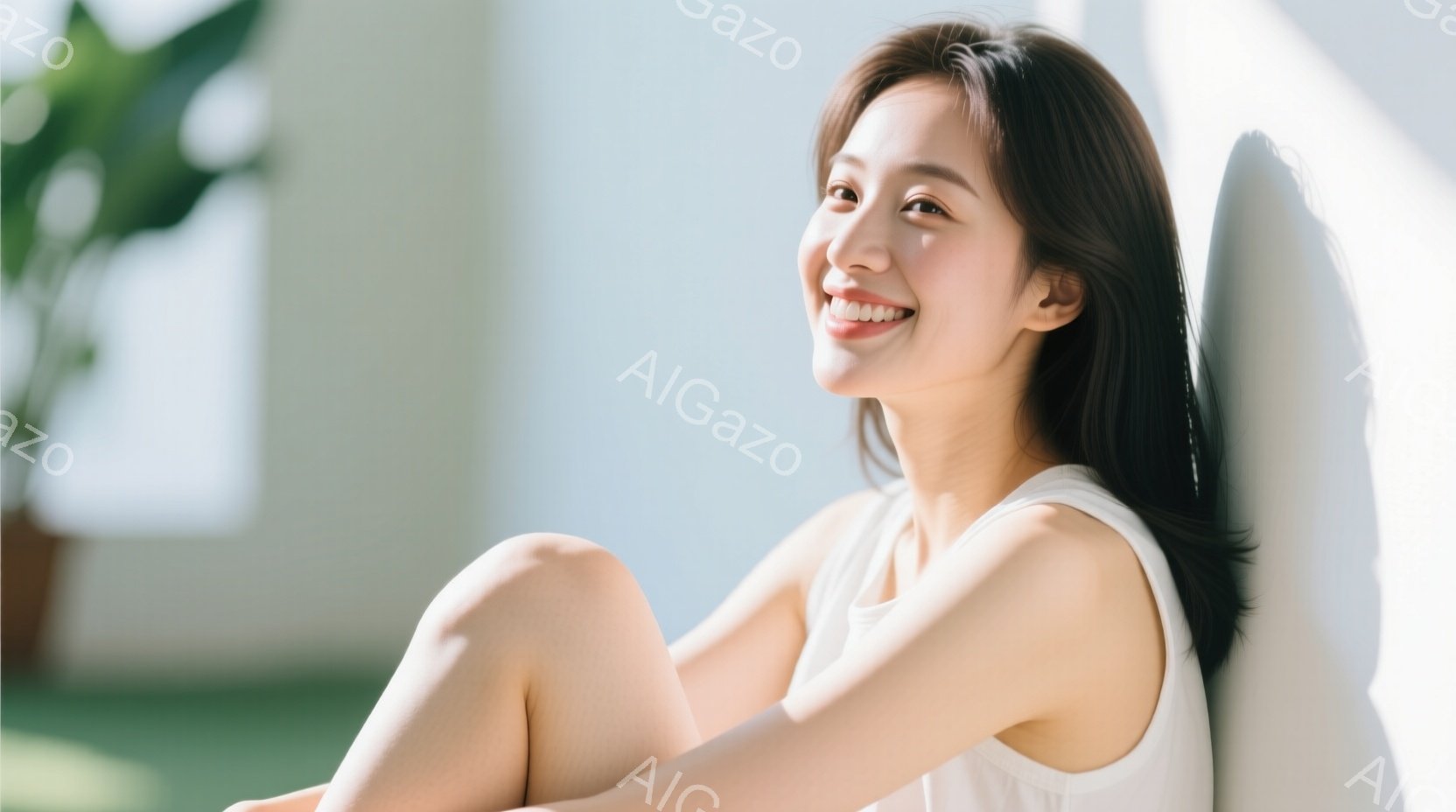 長い黒髪を肩にかける女性が、白い壁にもたれて膝を抱えています。白いタンクトップを着ており、微笑んでおり、表情は明るく穏やかです。背景には緑の植物が見え、全体的に柔らかく、自然光が差し込む、リラックスし - AI生成フリー素材