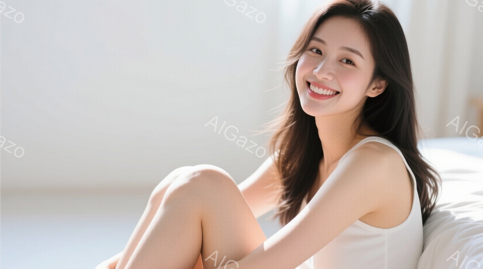 長い黒髪の女性が、白いタンクトップを着て床に座っています。彼女は笑顔でカメラを見つめており、リラックスした雰囲気です。背景は白く、部屋は明るく清潔な印象を与えます。 - AI生成フリー素材