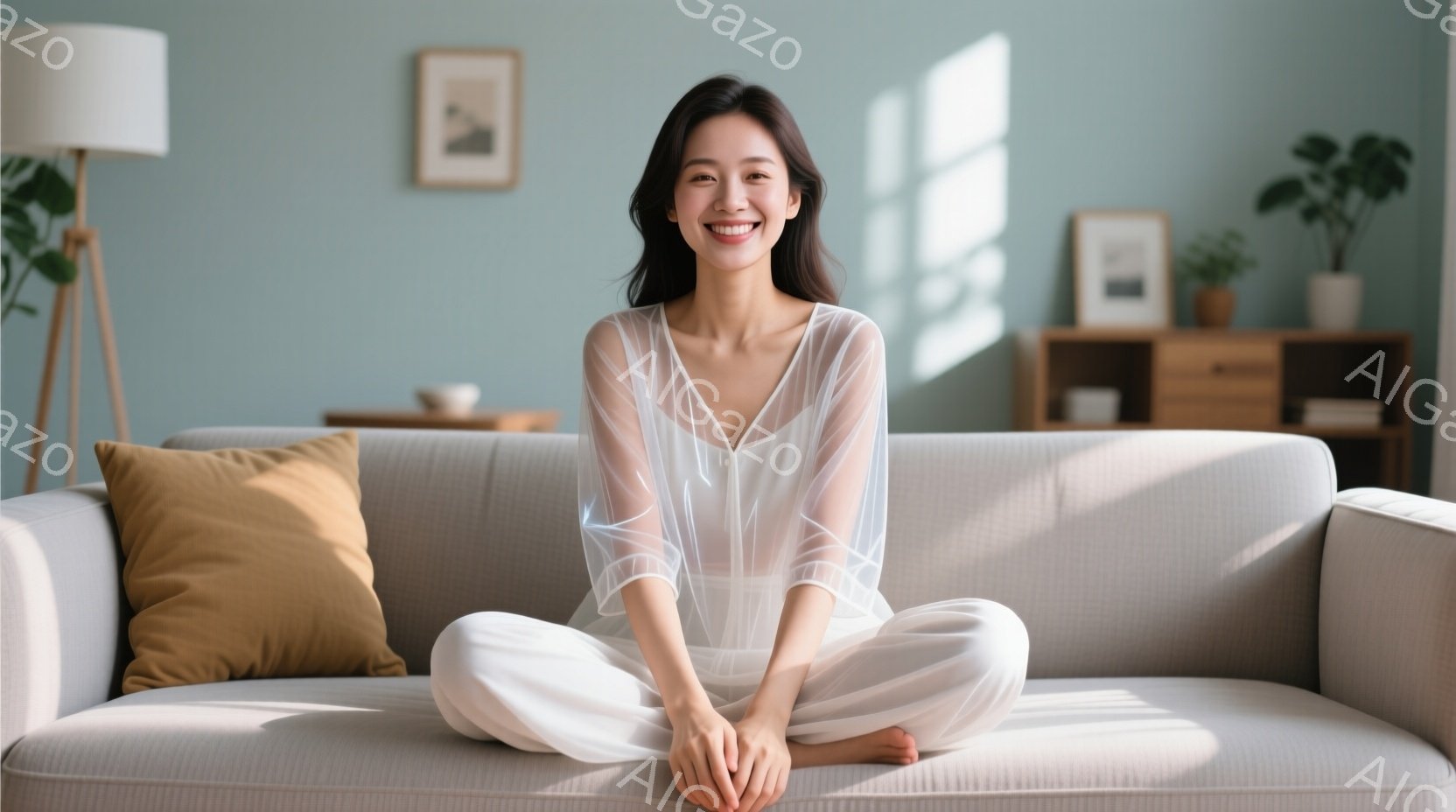 白いブラウスと白いパンツを身につけた女性が、明るいリビングルームのソファに座って微笑んでいます。彼女は足を組んで座っており、リラックスした雰囲気を醸し出しています。背景には木製の棚や観葉植物があり、全 - AI生成フリー素材