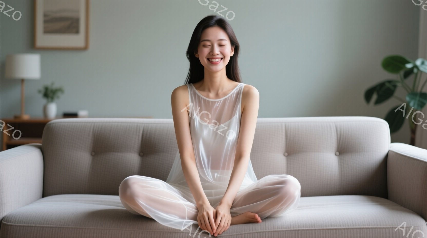 明るいベージュ色のソファに座っている女性は、白い透け感のある上下のパジャマのような服装で、目を閉じ、穏やかな微笑みを浮かべています。彼女は足を組んで座っており、リラックスした雰囲気を醸し出しています。背景には、シンプルな装飾が施された家具と、薄い緑色の壁があり、全体的に穏やかで平和な雰囲気です。