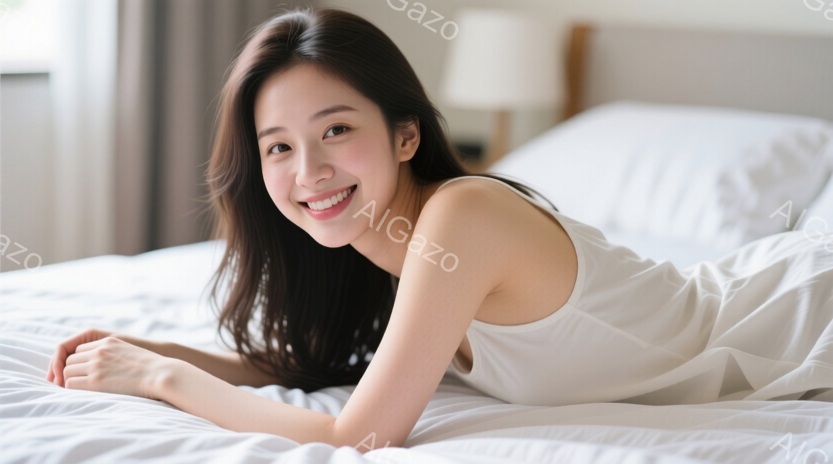 黒髪の女性が白いタンクトップを着て、白いベッドに横たわっています。彼女は微笑んでおり、リラックスした表情でカメラを見つめています。背景はぼやけており、明るい室内である事がわかります。 - AI生成フリー素材