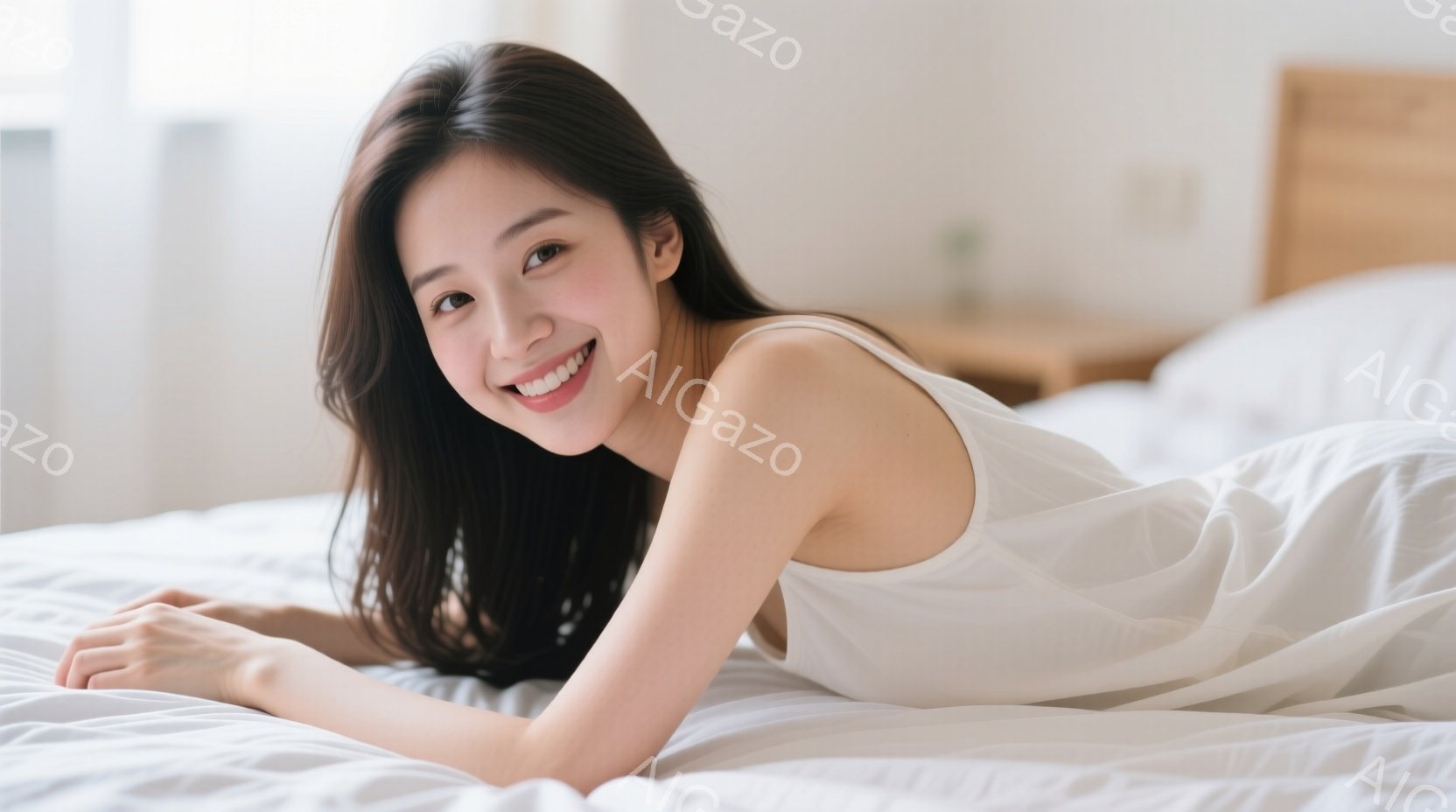 長い黒髪を広げ、白いキャミソールを着た女性がベッドに横たわっています。彼女は微笑んでおり、リラックスした表情をしています。背景は白を基調としたシンプルな寝室で、穏やかで平和な雰囲気が漂っています。 - AI生成フリー素材