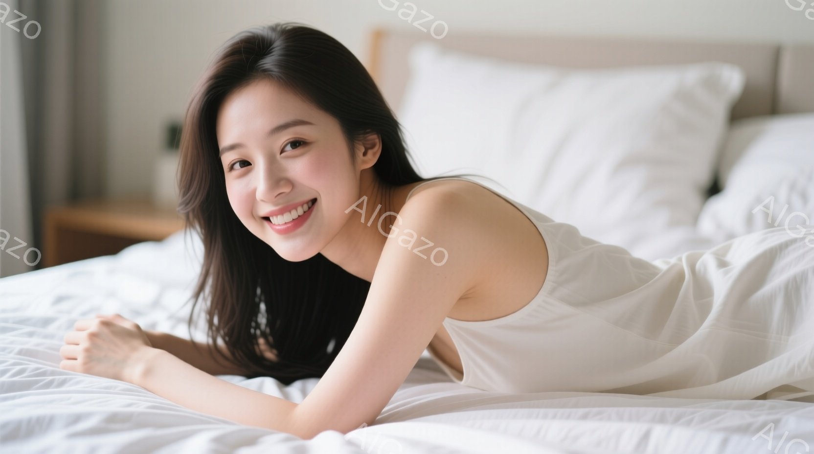 長い黒髪の女性が白いベッドの上に横たわっています。彼女は白いキャミソールを着ており、満面の笑みを浮かべてカメラを見ています。背景には白い枕とシンプルなナイトテーブルがあり、明るく清潔な雰囲気が漂ってい - AI生成フリー素材
