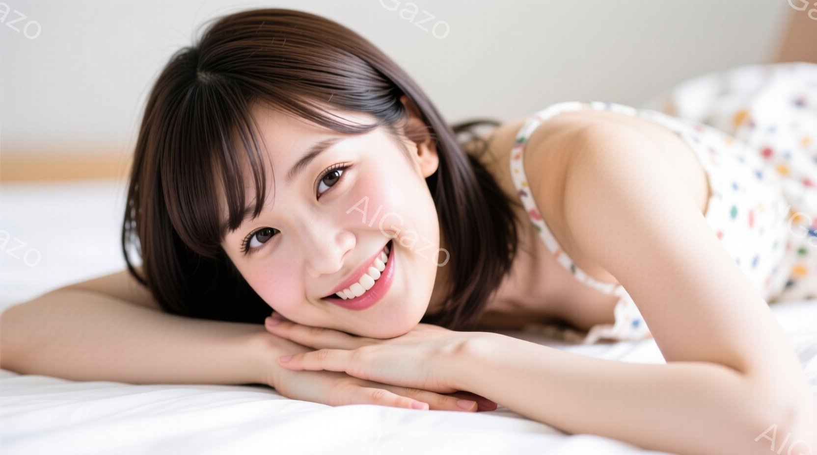 黒髪で前髪をふんわりと揃えた女性が、白いベッドの上で腕を組み、カメラに向かって微笑んでいます。彼女は花柄のキャミソールを着ており、明るく開放的な雰囲気が漂っています。背景は白くシンプルで、女性が主役と - AI生成フリー素材