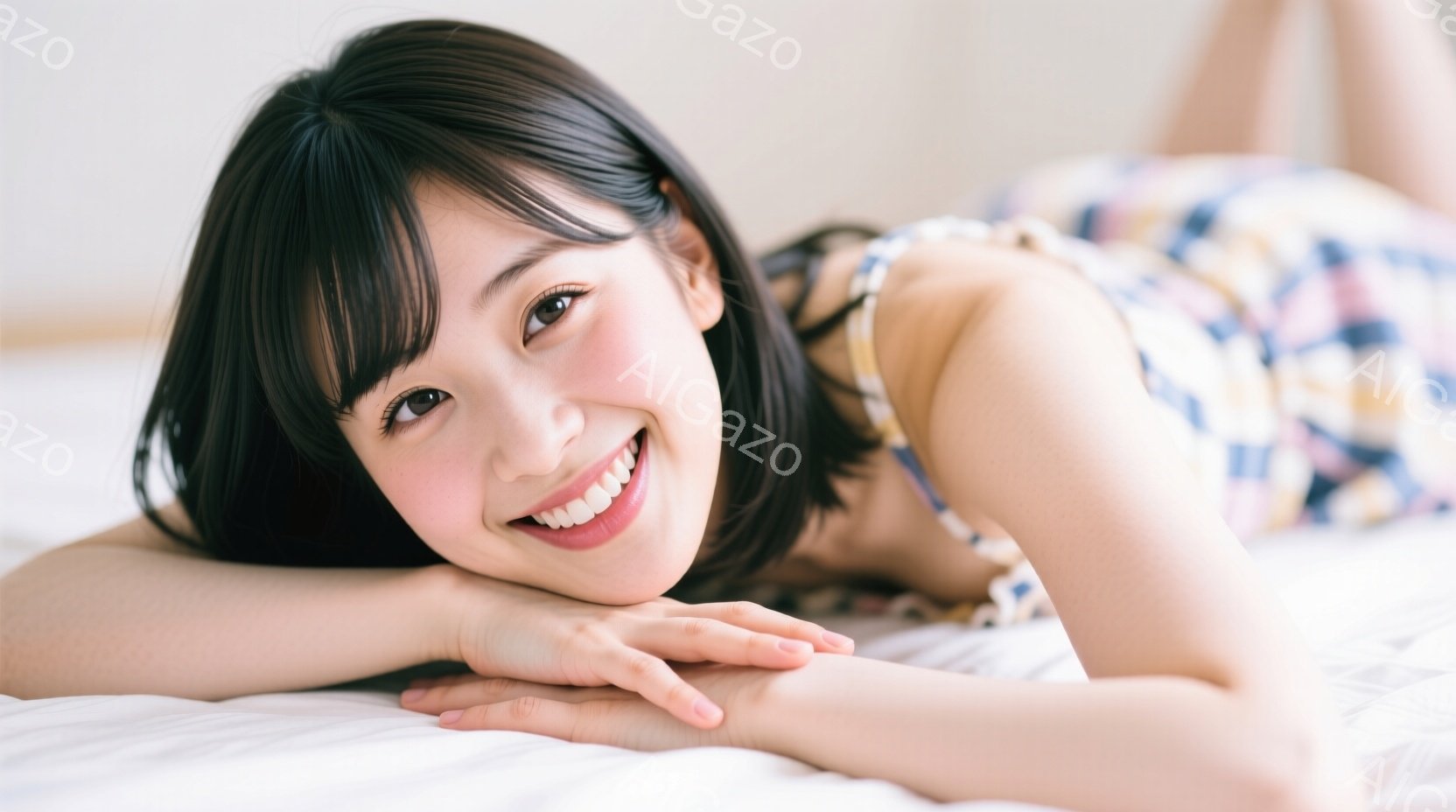 明るい笑顔の若い女性が、白いベッドの上に横たわっています。彼女は肩出しのカラフルな花柄のワンピースを着ており、黒髪のショートヘアをしています。彼女の姿勢はリラックスしており、両腕を前に伸ばしてベッドに - AI生成フリー素材